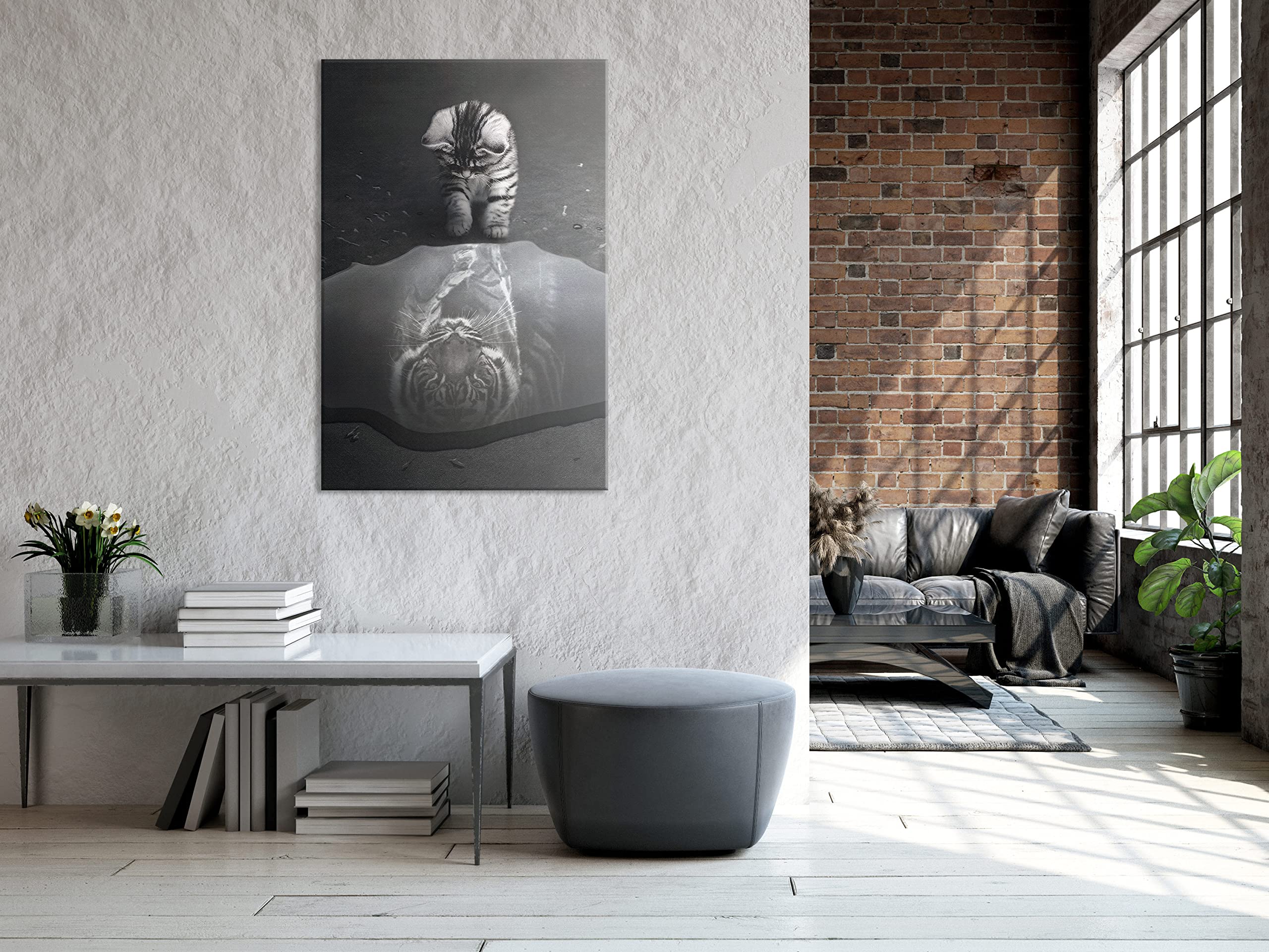 artgeist Acoustic Canvas Wall Art Print Animal 24x35 in - 1pcs Picture with Acoustic Foam Sound Print Artwork Room Acoustics Soundproofing Cat Tiger Puddle Grey g-A-10099-b-a