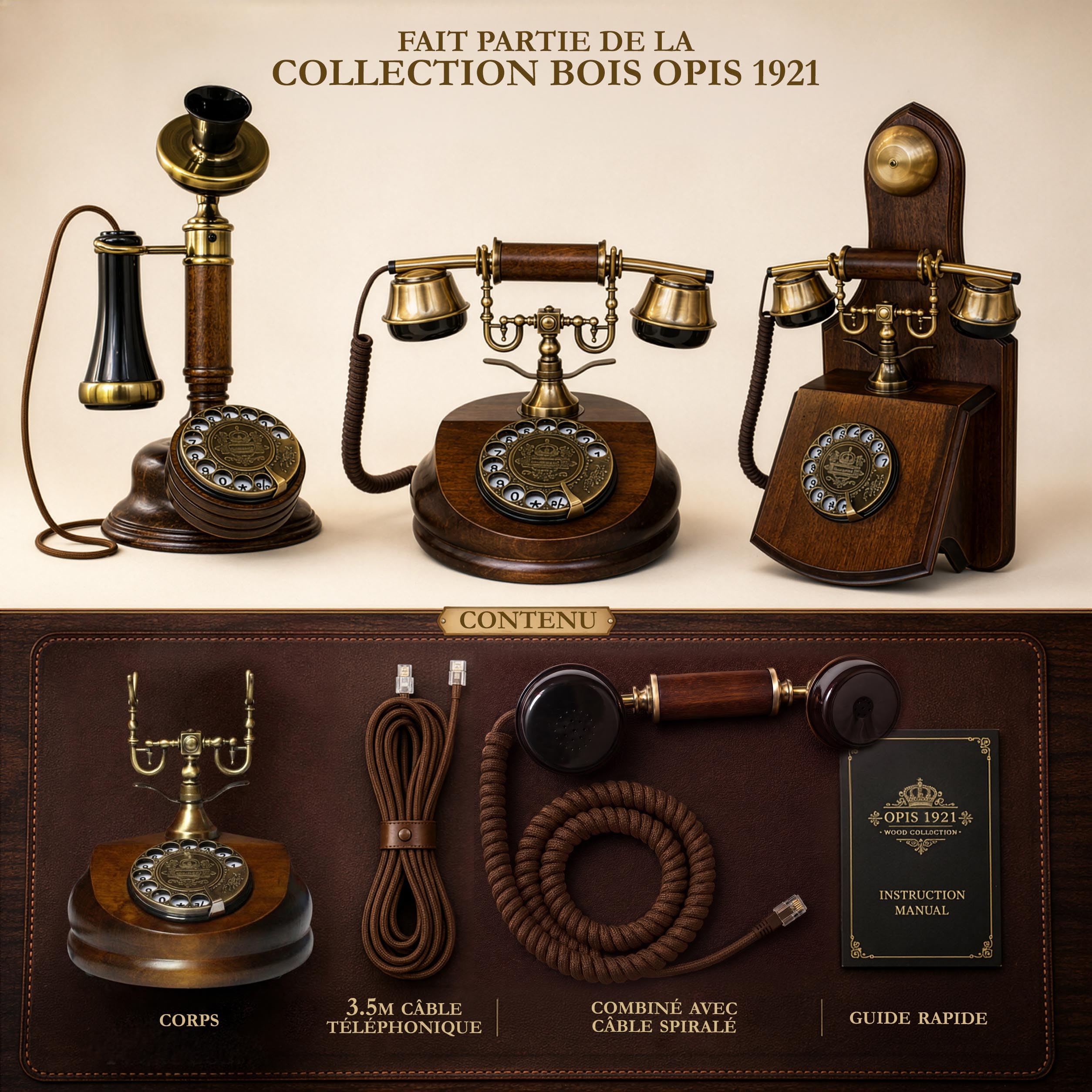 Opis Technology 1921 Cable Modèle A — Téléphone Fixe Vintage en Bois, Téléphone Rétro Filaire avec Cadran Rotatif et Cloche en Métal (sans Bluetooth)