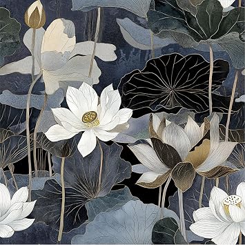 Safiyya Peel and Stick Wallpaper Black Floral Lotus Contact Paper Peel and Stick 17.3"x 78.7" Wall Paper Self Adhesive Removable Wallpaper for Bedroom Bathroom Vinyl Roll