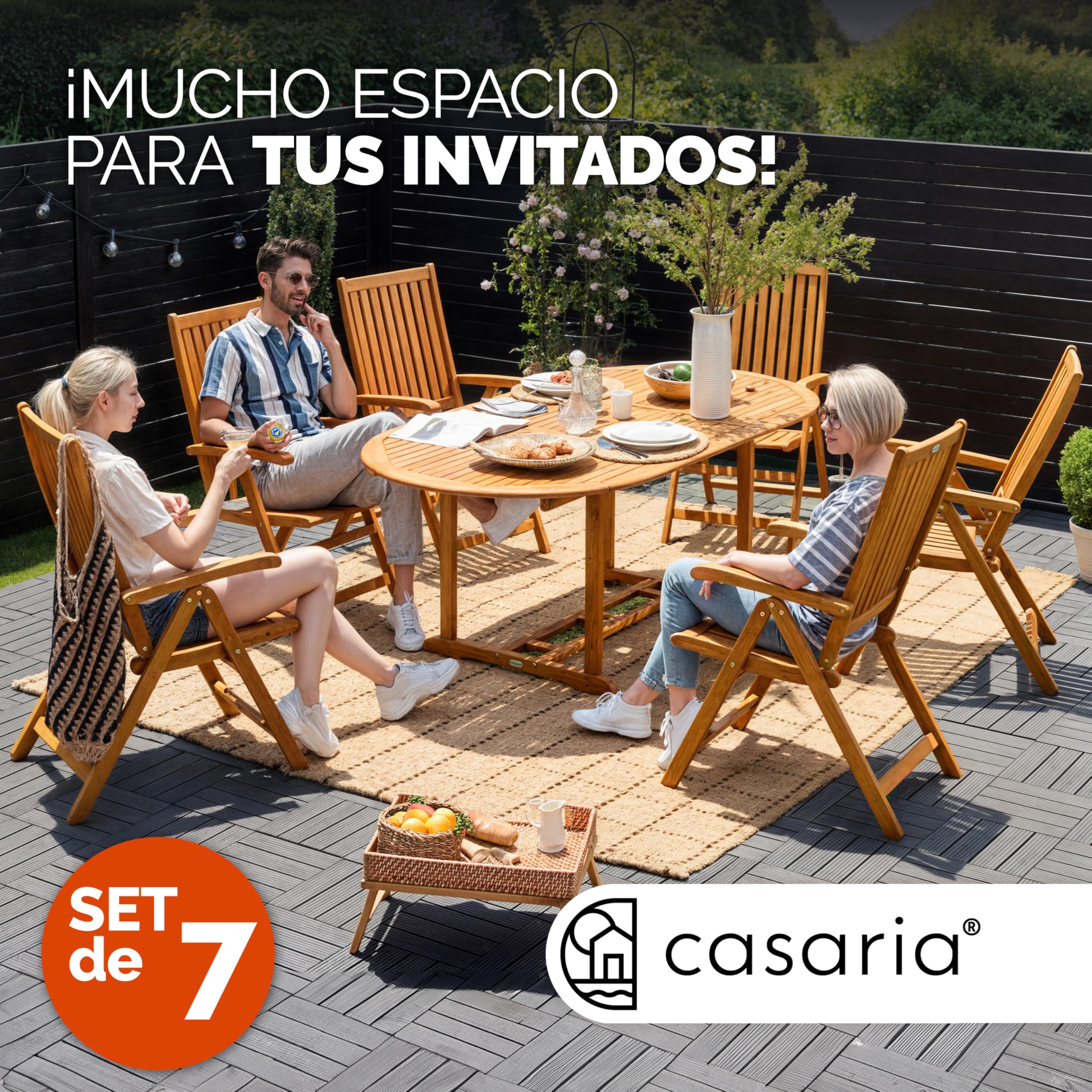 CASARIA® Conjunto de Jardín Exterior Mesa 6 Sillas Juego Comedor Patio Terraza Madera Eucalipto FSC® Asientos Ajustables 5 Posiciones Apilables Tablero Ampliable Apto Sombrilla Resistente Intemperie