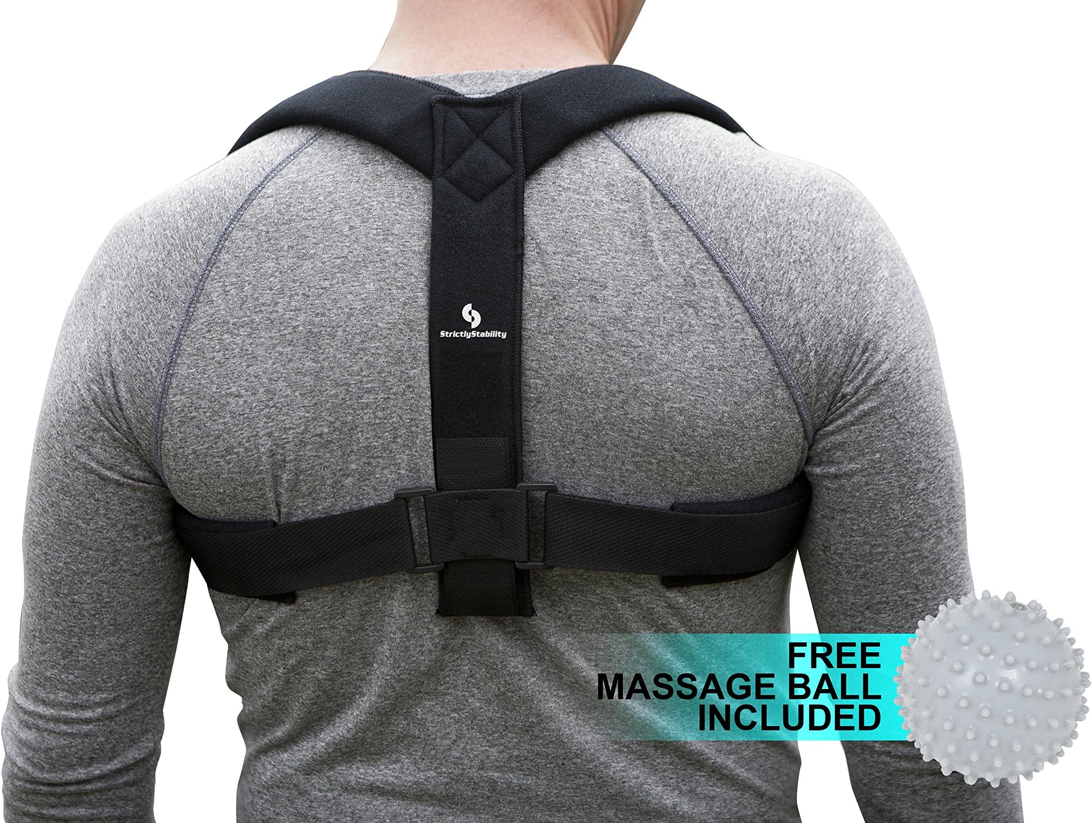 Upper Back and Shoulder Posture Corrector Brace and Clavicle Support with Massage Ball (Small, Black)