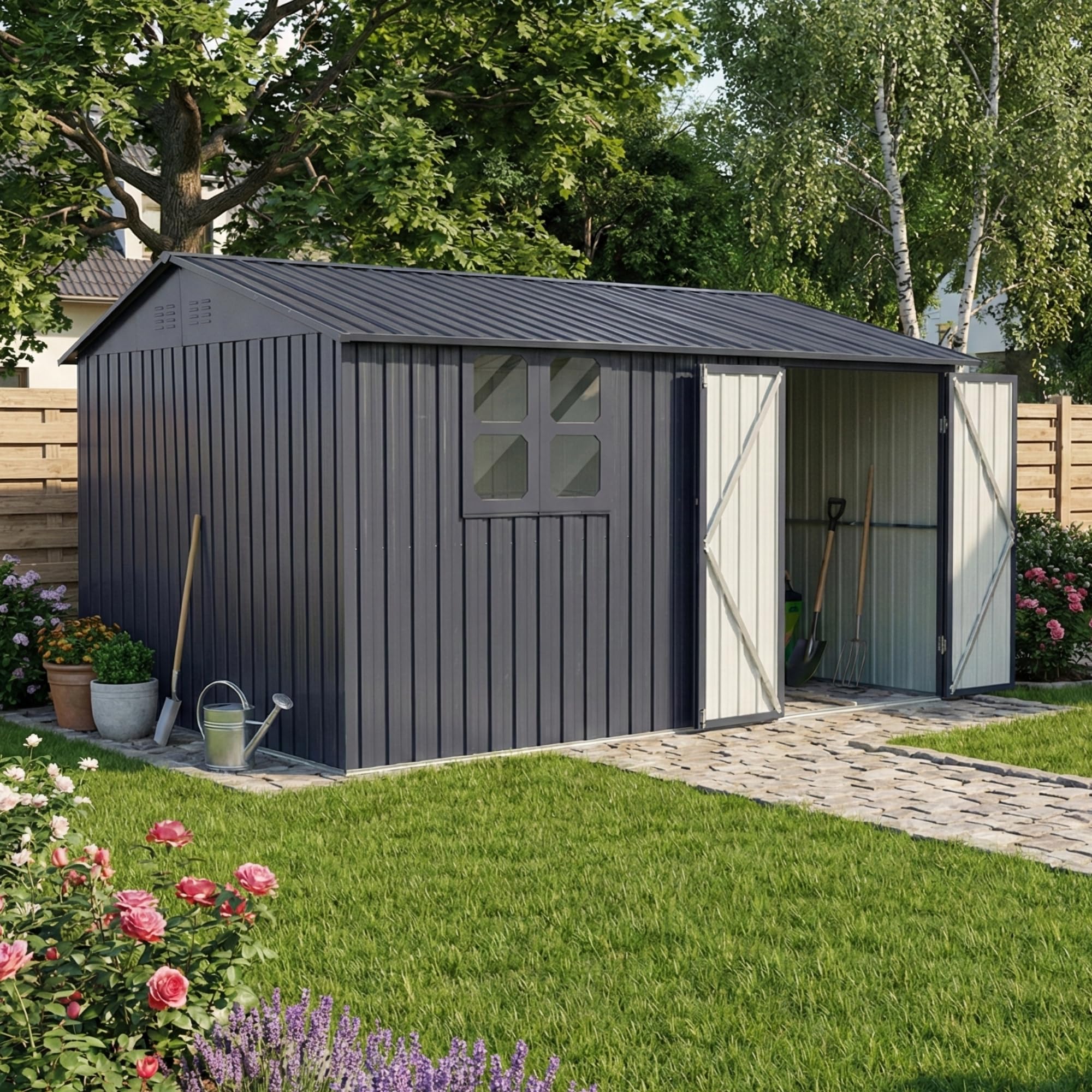 Albatros Gerätehaus 3XL | Anthrazit RAL 7016 | 371x304x201cm (22,6m³) | abschließbar inkl. Schloss & Werkzeughaken | Gartenhaus aus verzinktem wetterfestem Metall | Geräteschuppen Gartenschrank