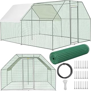 VEVOR Large Metal Chicken Coop, Zinc Galvanized Metal Hen Run House, Flat Shaped Outdoor Walk-in Poultry Cage, 12.8 x 9.8 x 6.5 ft. Walk-in Metal Hen Cage w/Waterproof Cover, for Backyard Farm Use