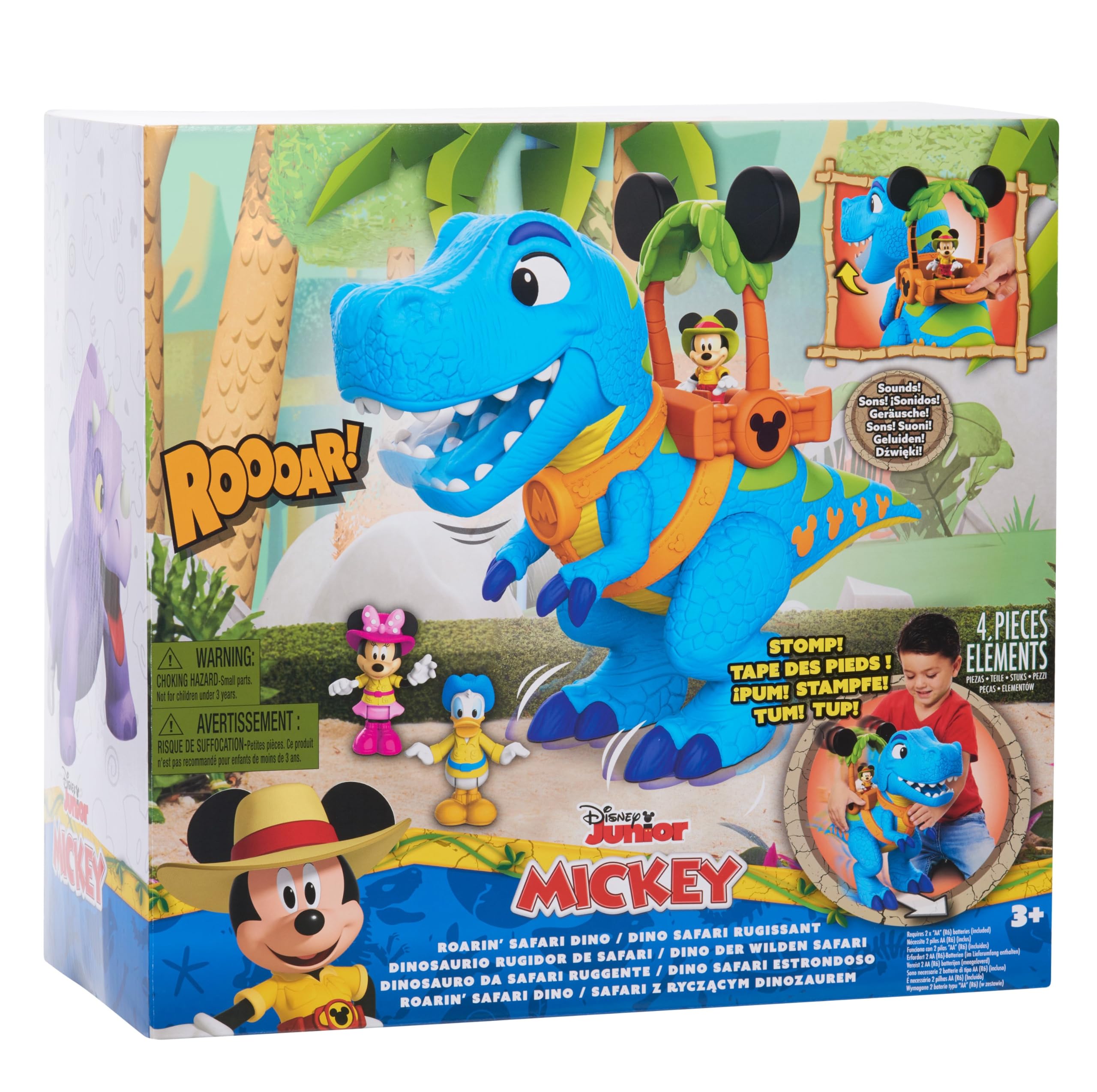 Disney Junior Mickey Mouse Funhouse Roarin' Safari Dino, 4-piece Figures and Playset, Dinosaur, Kids Toys for Ages 3 Up by Just Play