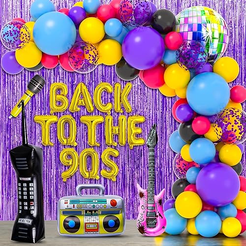 101 piezas de decoraciones de fiesta de los años 90, paquete de suministros para fiesta de cumpleaños de los 90, incluye bola de discoteca inflable,