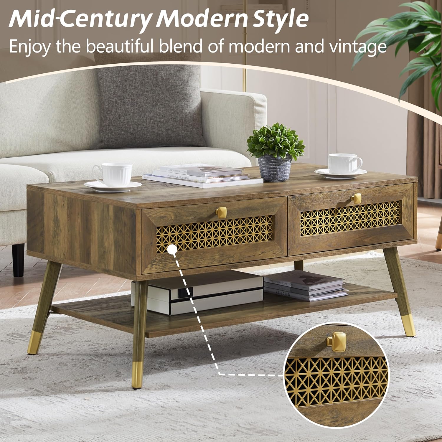 EDYO LIVING Mid Century Modern Coffee Table with 2 Storage Drawers and Open Shelf, Wooden Retro Accent Sofa Center Table for Living Room, Rustic Oak