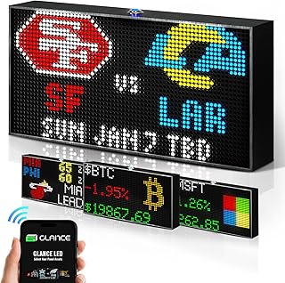 Glance LED Ticker - Customizable LED Display Sports Ticker, LED Display for Man Cave, Stock Market Ticker Display, Sports Score Retro Smart Pixel Display, Weather Display - 8"x4" Made in USA