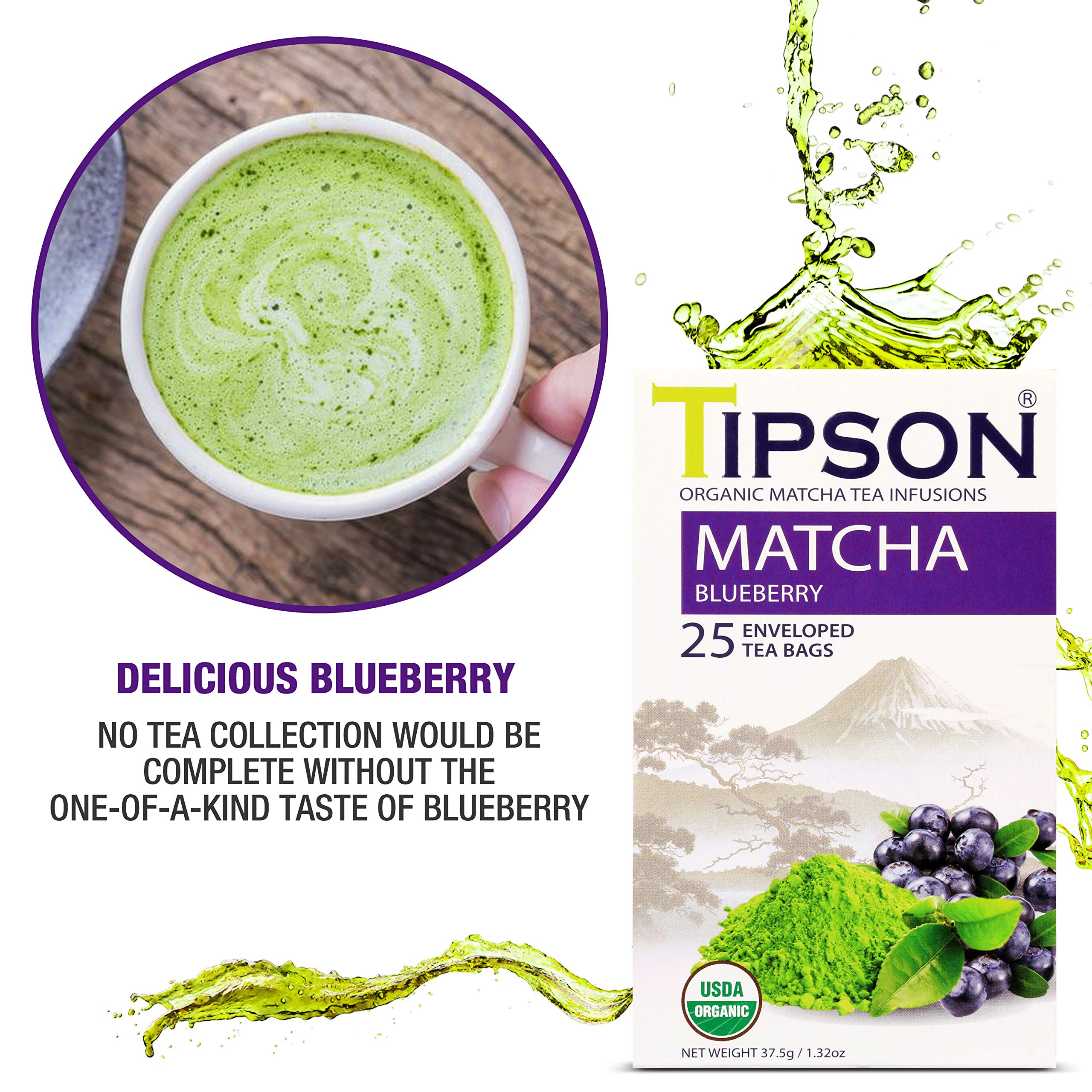 Tipson Organic Matcha Green Tea - Blueberry Flavor - 25 Foil Enveloped Double Chambered Bags - Keto Paleo — view 2