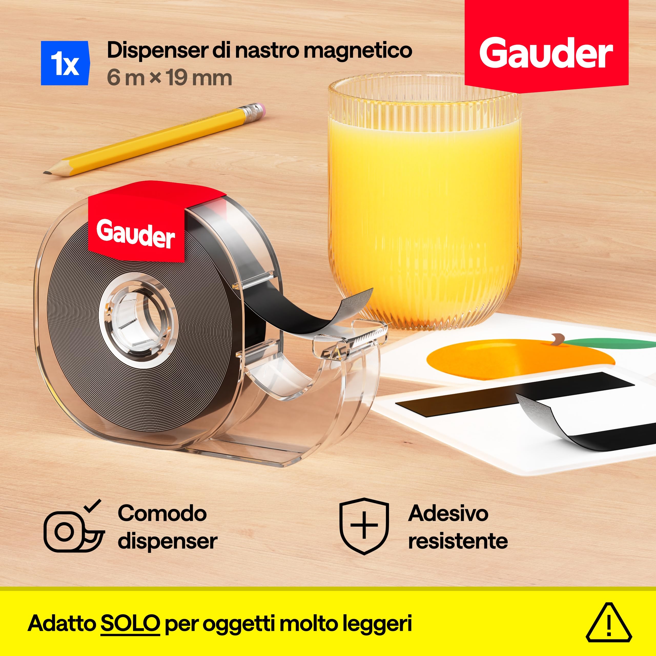 GAUDER Nastro Magnetico con Dispenser - Striscia Magnetica Autoadesiva per Oggetti Leggeri - Nastro Adesivo da Tagliare per Fissare Cartoline e Foto su Superfici Metalliche (6 m x 19 mm)