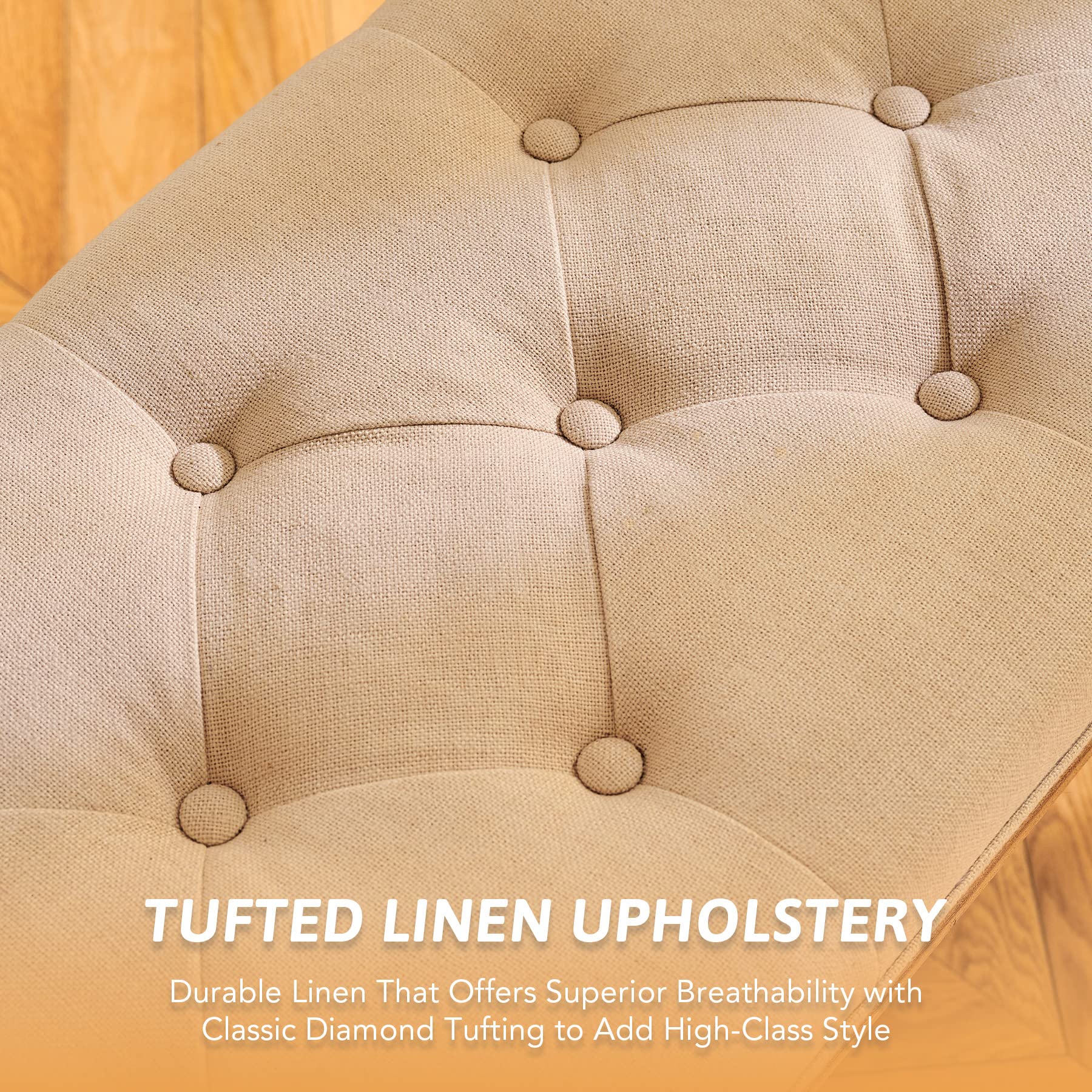 VONLUCE Vintage Dining Bench with Padded Seat and Rubberwood Legs, Upholstered Entryway Bench Shoe Bench, Tufted Fabric End of Bed Bench for Bedroom and Living Room, French Style, Beige