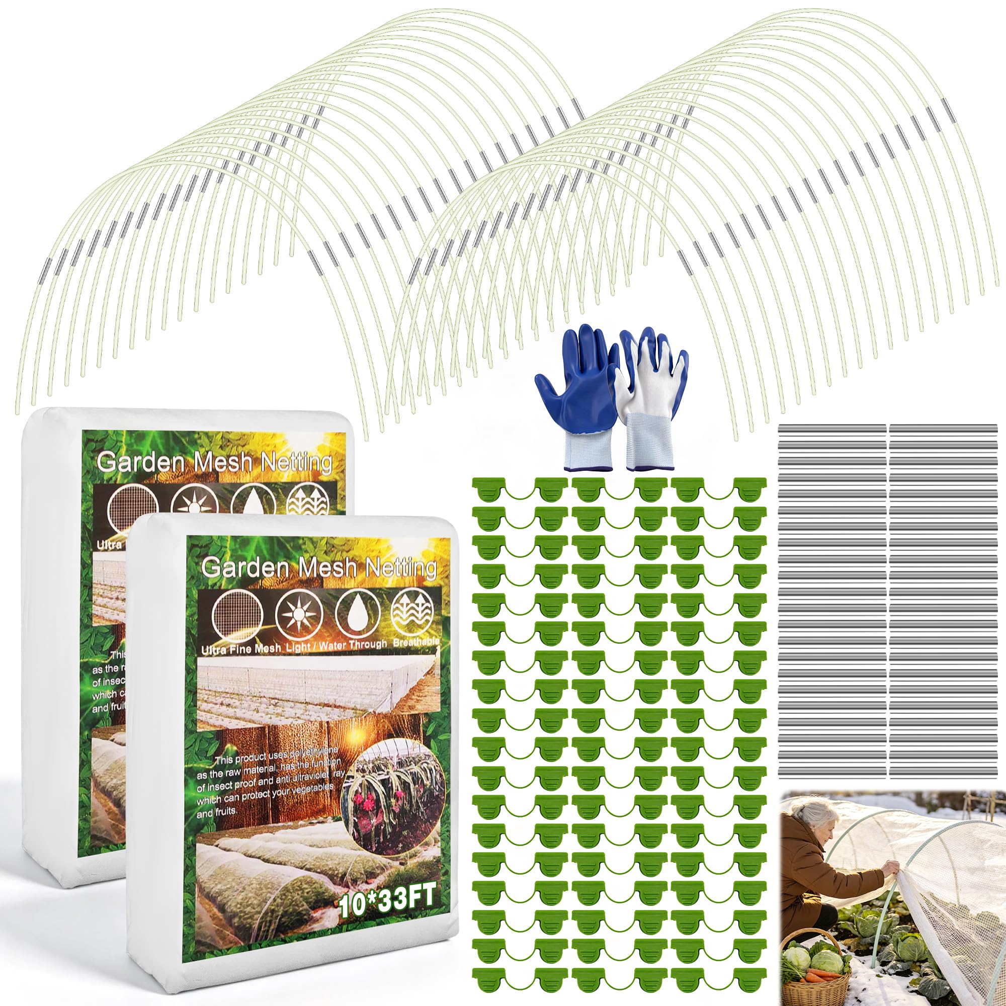 Gartennetz-Set, 2 Stück, 3 x 10 m, 100 Garten-Reifen, 80 Verbindungsstücke, 72 Clips, 1 Paar Handschuhe, Schutz für Pflanzen, Gemüse, Obst, Blumen, Gewächshaus (weiß, 3 x 10 m)