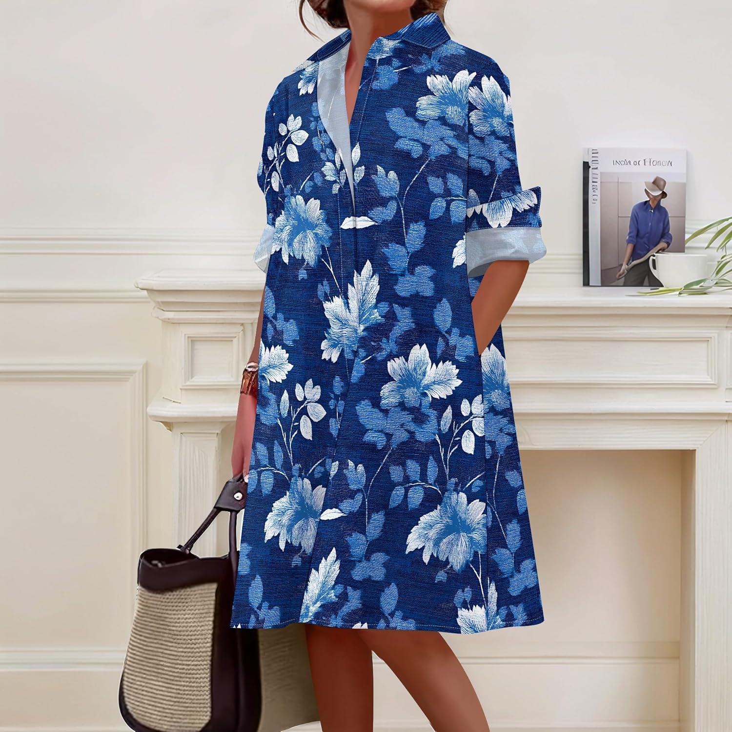 Shirt Dresses for Women 2025 Summer Long Sleeve Casual Plus Size Floral Printed Beach Vacation Dress with Pockets - Image 4