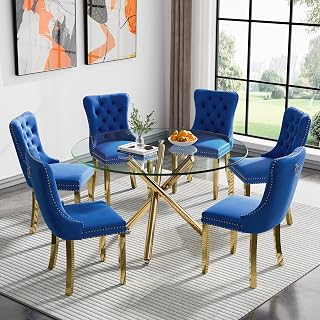 Round Glass Dining Table Set for 6, Small Kitchen Table Set for 6, 43" Circle Gold Glass Dinner Table for 6 with Navy Blue Velvet Chairs, 7 Piece Dining Room Table Set for 6 for Breakfast Dinette Cafe