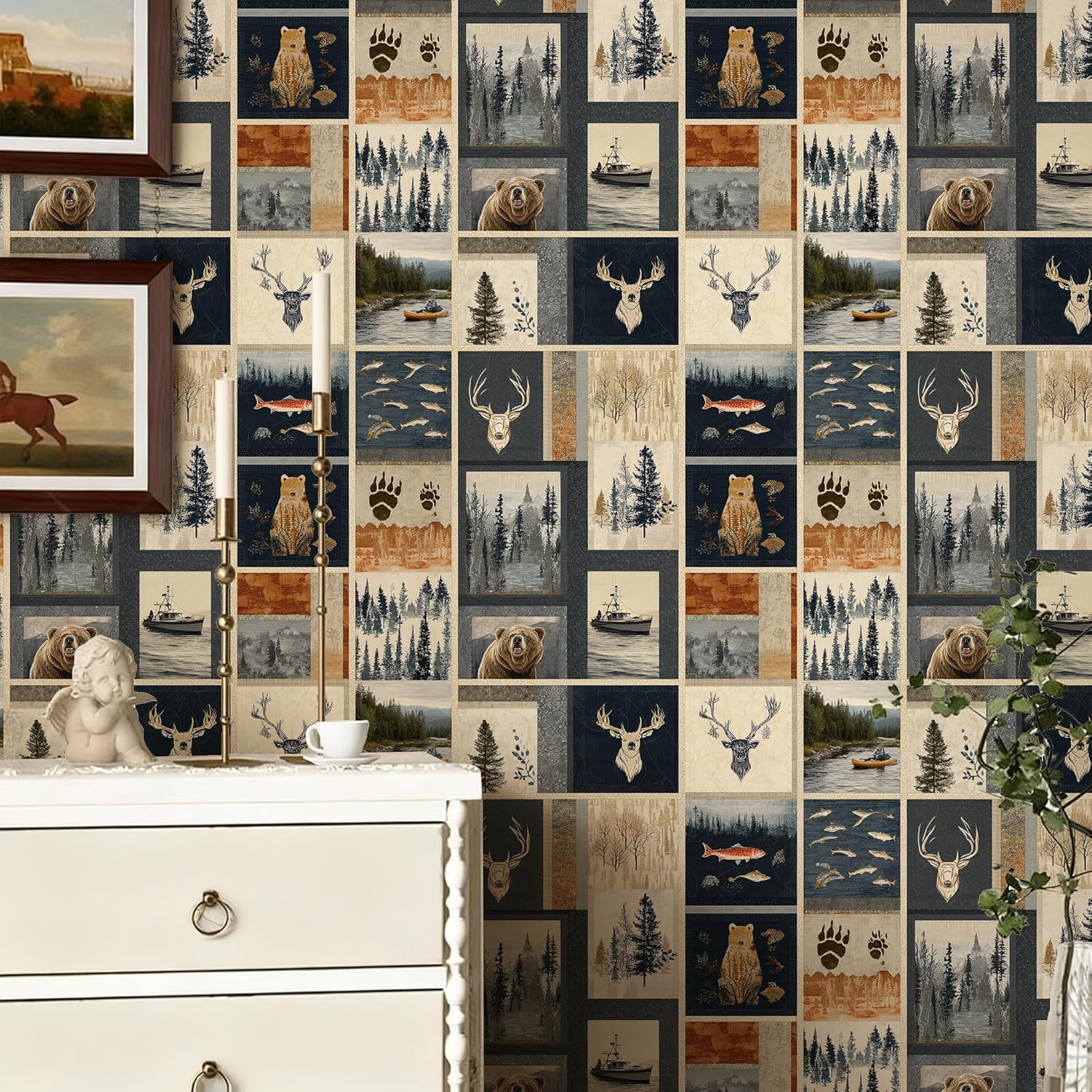 Peel and Stick Wallpaper - American Outdoor Wildlife & Camping Collage, Removable Rustic Forest Mural for Living Room & Bedroom, 17.7x236 Inch