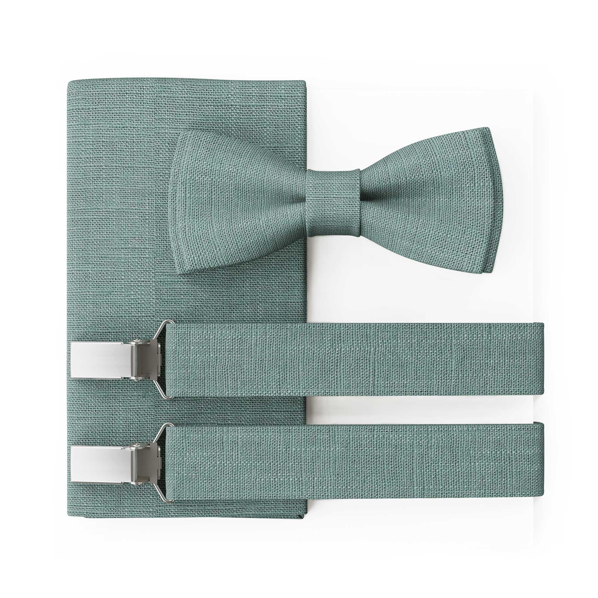 Papillon da Uomo in Lino | Verde Eucalipto | Papillon da Matrimonio Vegano Pre-annodato | Opzionale con Fazzoletto da Taschino & Bretelle | Large Batwing | Fatto a Mano in Germania