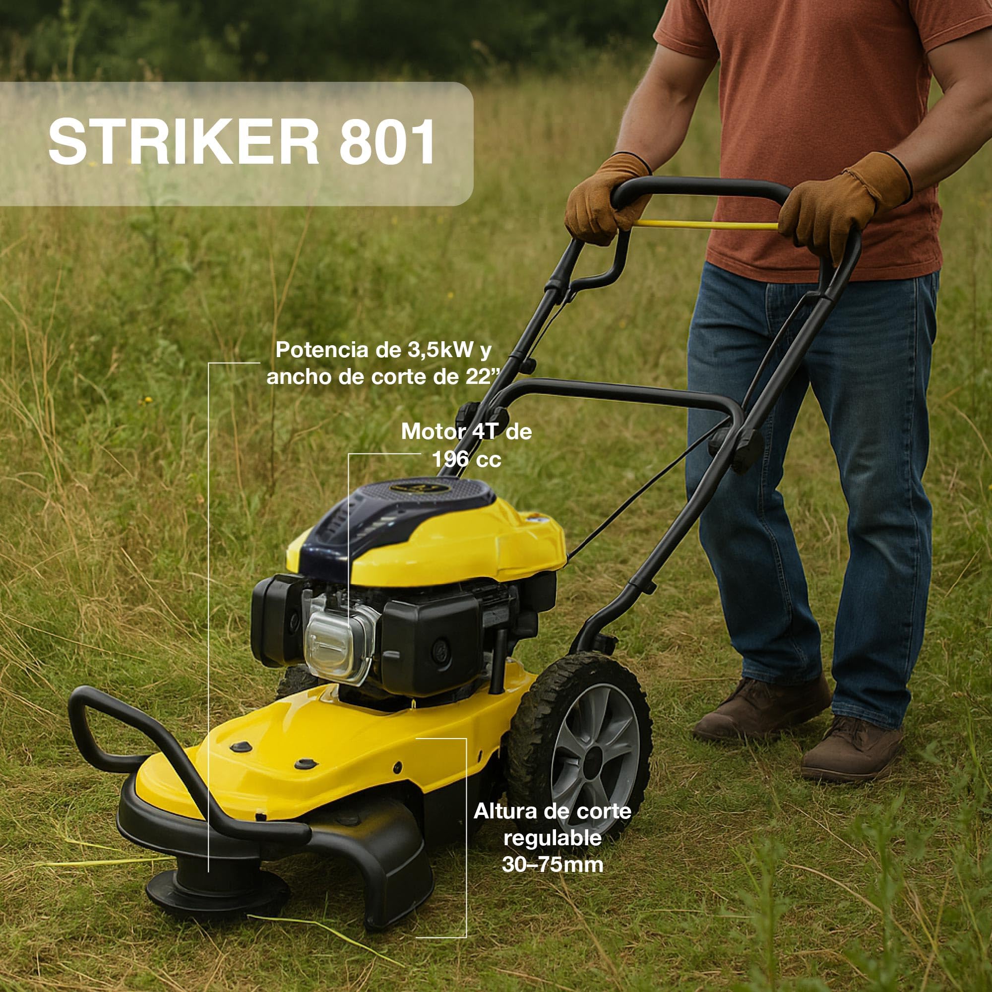 GARLAND Striker 801 QG-V25 - Desbrozadora Gasolina con Ruedas 196 CC, 3,5 kW, 22” (560 mm) de Corte, Altura Regulable, Manillar Plegable