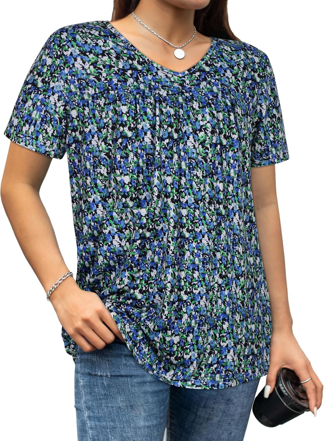 T Shirts for Women Short Sleeve Tops Casual Pleated Front Blouses V Neck Summer Tees - Image 7