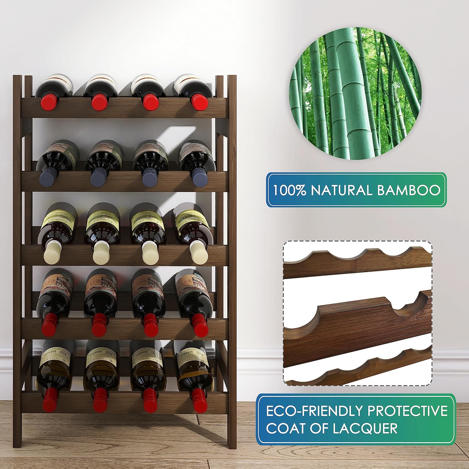 SMIBUY Bamboo Wine Rack, 20 Bottles Display Holder, 5-Tier Free Standing Storage Shelves for Kitchen, Pantry, Cellar, Bar (Walnut)