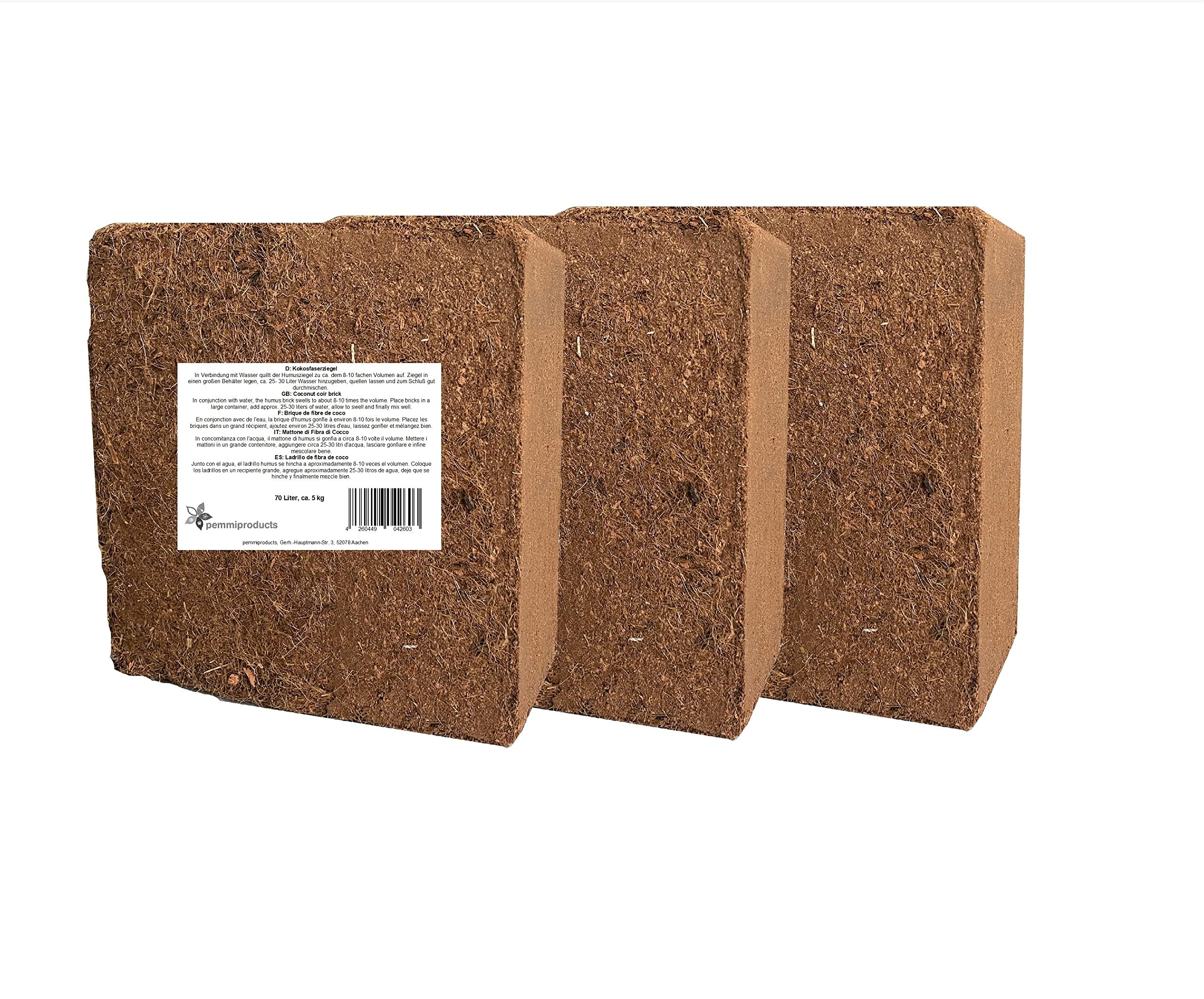 Brique en fibre de coco, emballée, 3 x 70 litres, env. 5 kg par brique, total : 210 litres, (EUR 0,22 par litre/EUR 15,50 par brique), brique d'humus, brique de coco, terreau de culture sans tourbe,