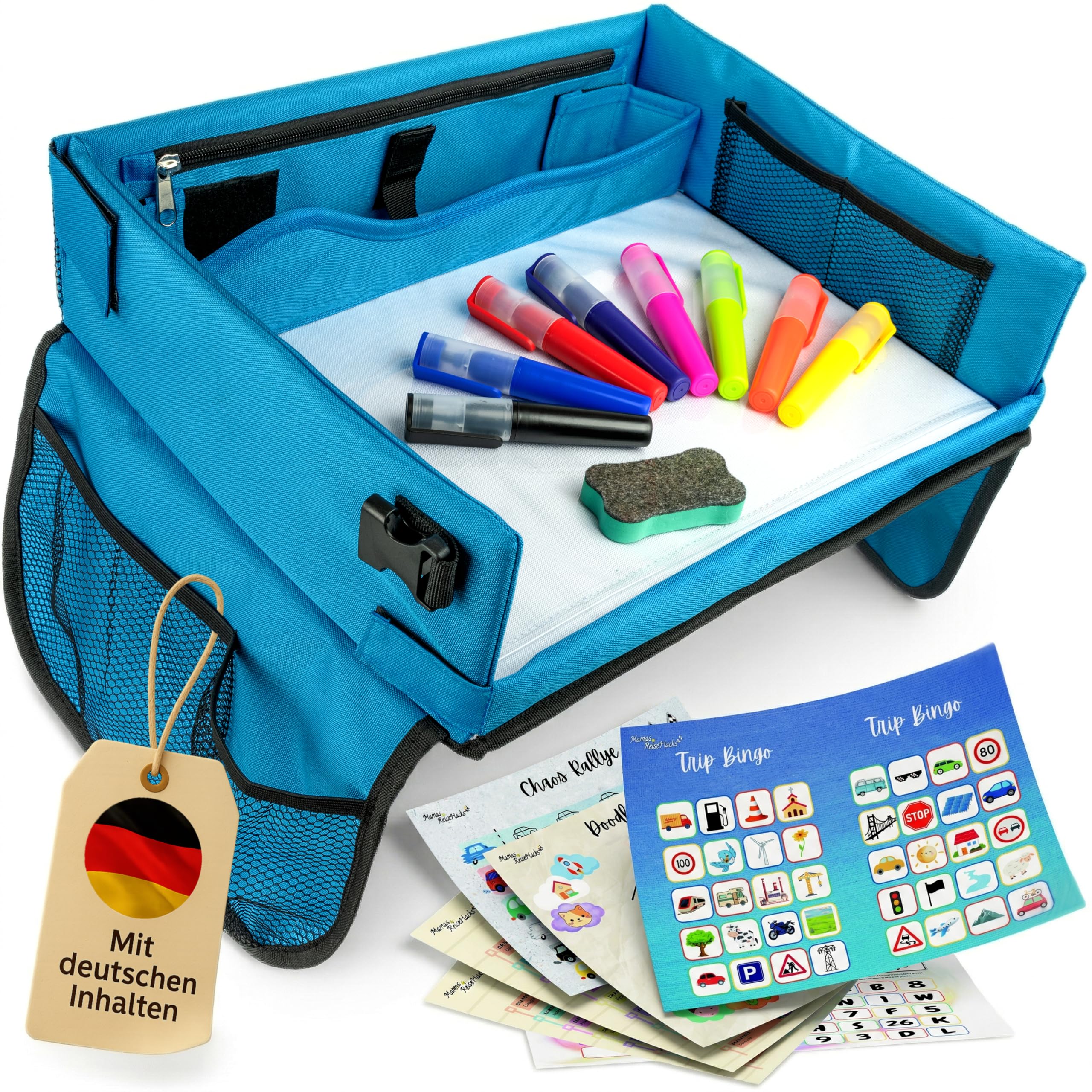 Mamas Reise Hacks Reisetisch Auto Kinder – [mit Tablet-Stopper & Autospielen] für Rücksitz & Autofahrt – Kindertisch Spieltisch Knietablett Maltisch Organizer Zubehör