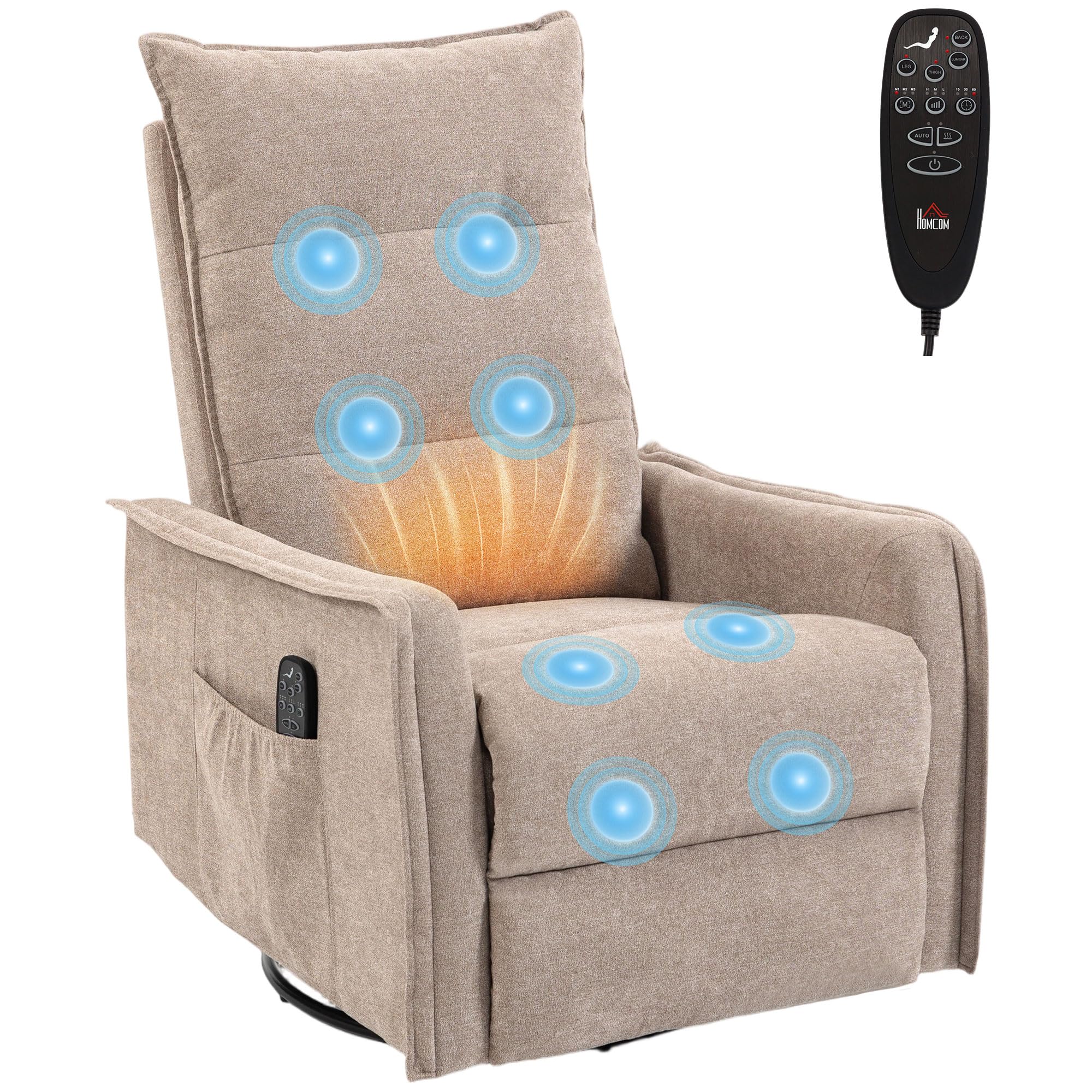 HOMCOM Recliner Armchair, Chenille Recliner Chair with Massage and Heat, 360° Swivel Rocking Manual Reclining Chair with Side Pockets for Living Room, Brown