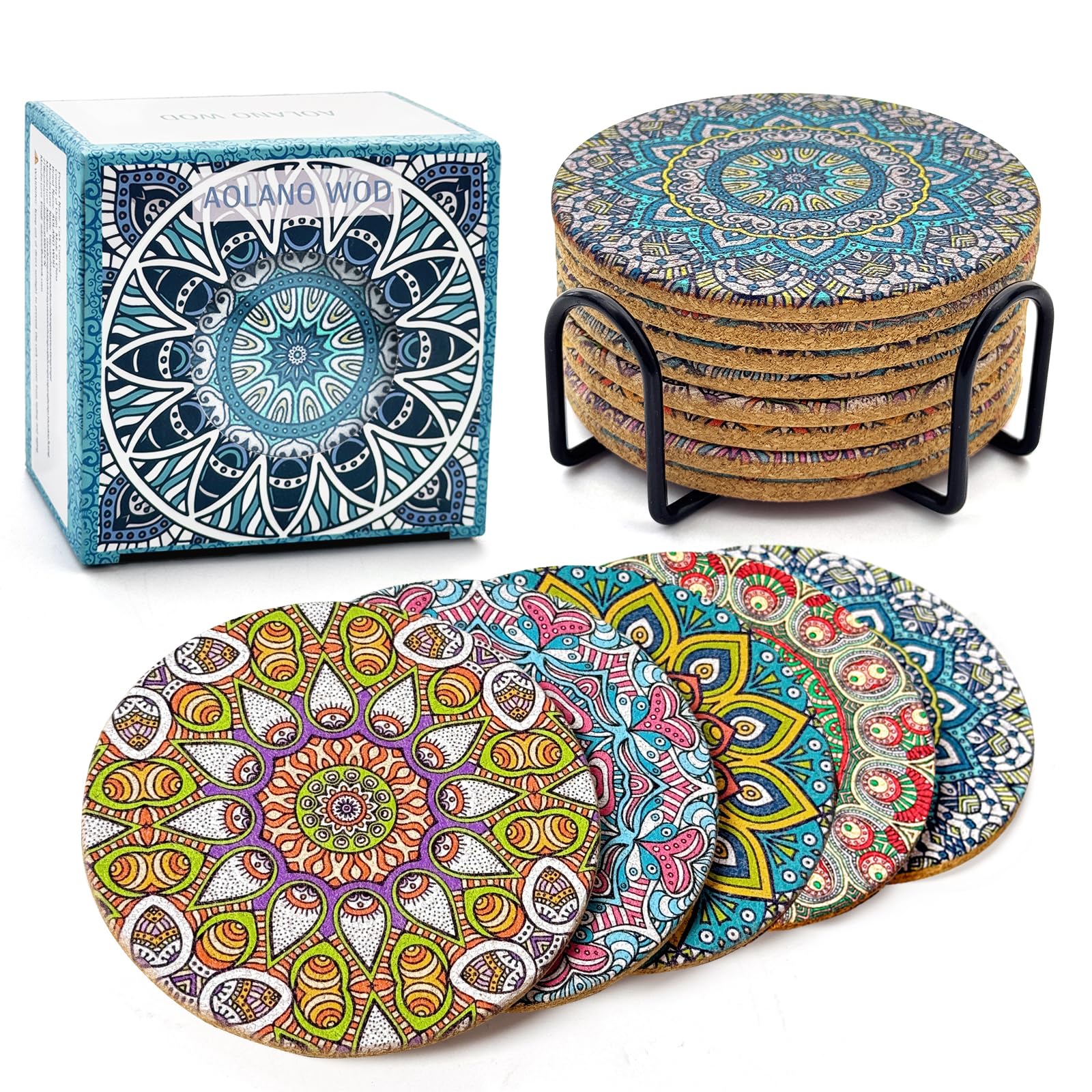 AOLANO WOD Cork Coasters, 8 Pcs Mandala Coasters with Stand, Circular absorbent mat Cork Mats for hot and cold beverages, Protect your desk from water stains and damage Exquisite decoration