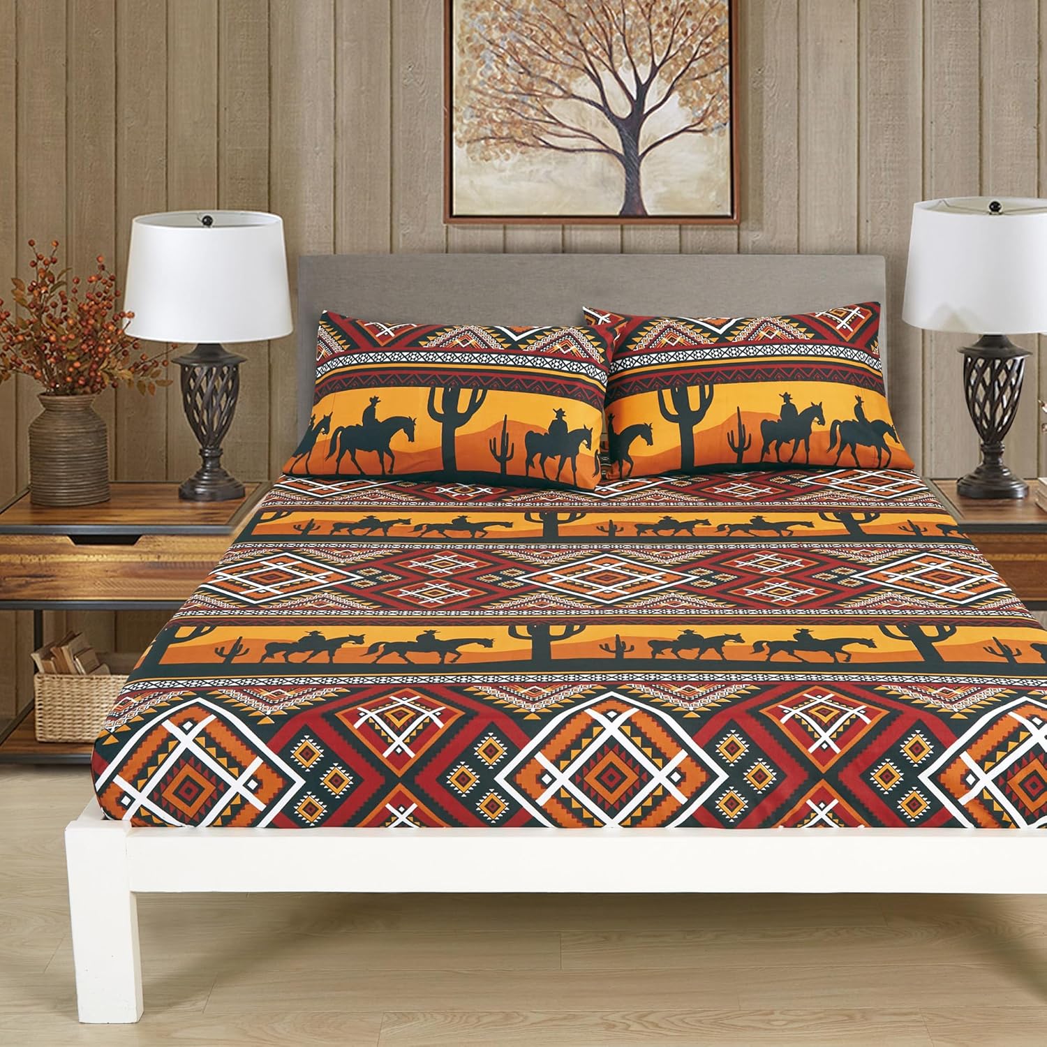 Chezmoi Collection 4-Piece Southwestern Sunset Cowboys Sheet Set California King Size - Multicolor Red Orange Black White Printed Brushed Microfiber Lightweight Breathable Deep Pocket Bed Sheets - Image 2