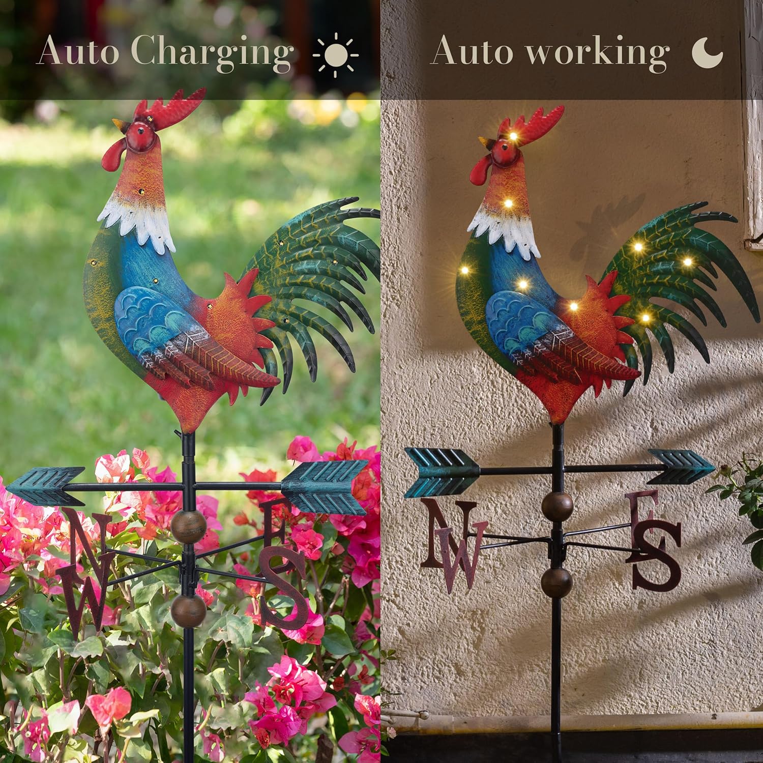 TERESA'S COLLECTIONS Garden Decor with Solar Outdoor Lights, Red Rooster Yard Art Sign for Outside, 39.4'' Metal Weathervane Decorative Garden Stake for Outdoor Decor Lawn, Gifts for Mothers Day