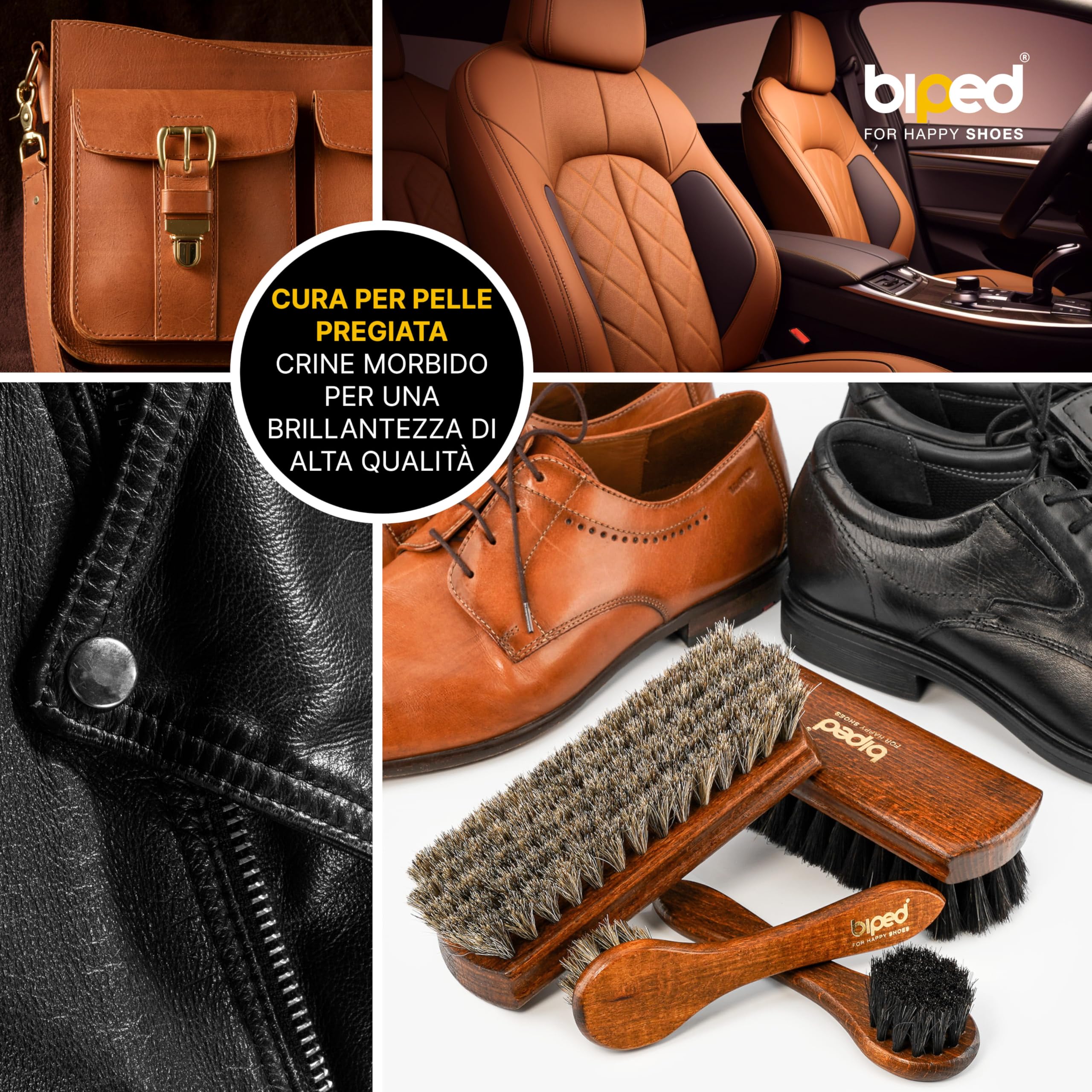 biped Set 4 spazzole per scarpe Classic in legno di faggio – 2 per applicare la crema + 2 per lucidare in crine di cavallo – kit completo per la cura delle scarpe in cofanetto z2487