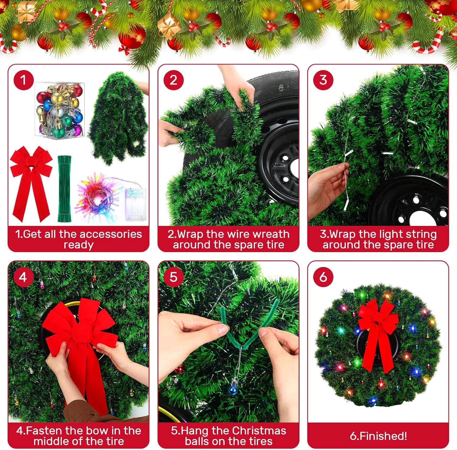 LED Christmas Car Spare Tire Decoration Make Your Own Truck Wreath 196.8 ft Tinsel Garland 24 Pcs Christmas Balls Ornaments Battery Operated Lights Outdoor Festive Accessory(Green)
