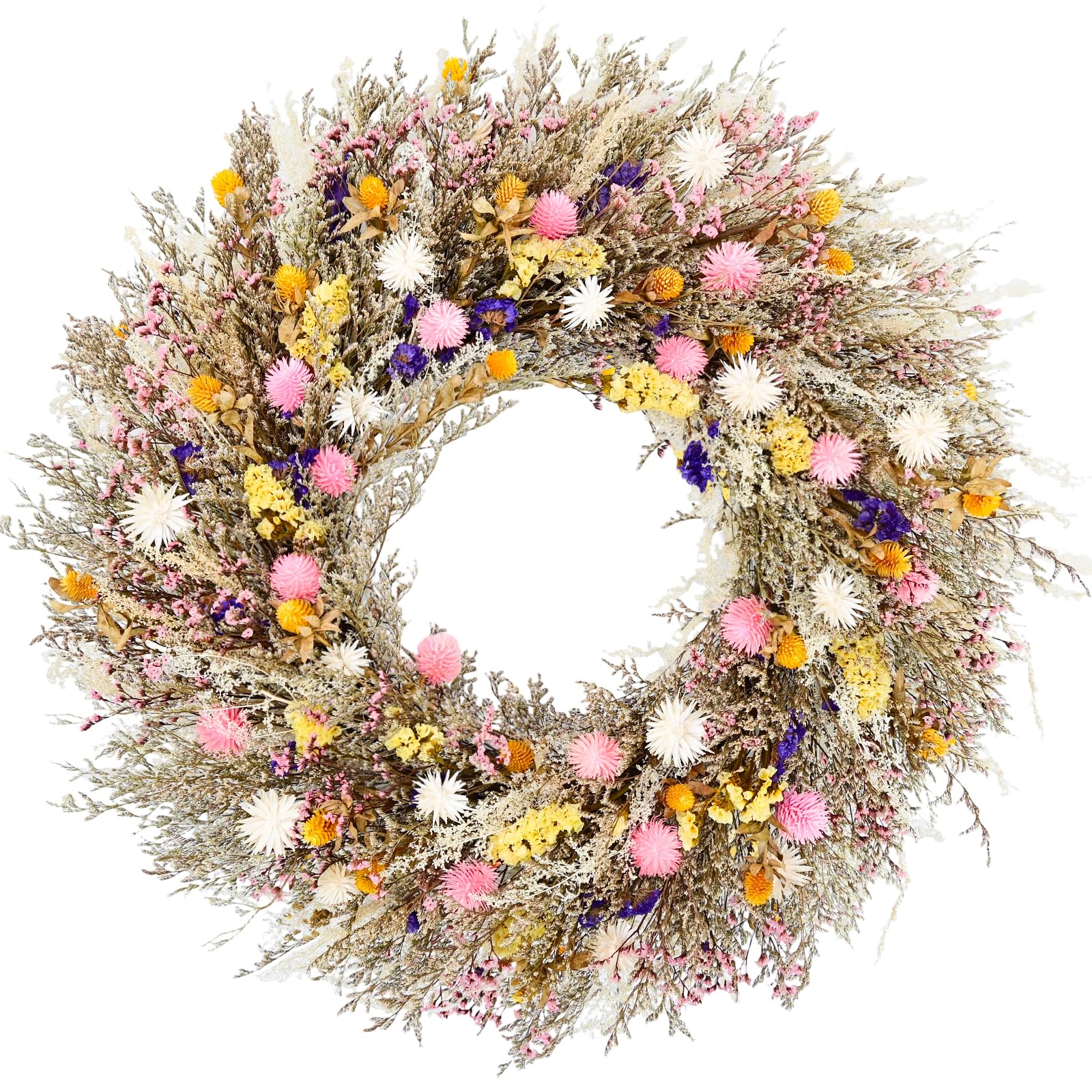 Ghirlanda di fiori conservata da 66 cm, realizzata a mano, con fiori rosa, bianchi, gialli e viola, decorazione rustica in stile bohémien, per porta d'ingresso, parete e matrimonio