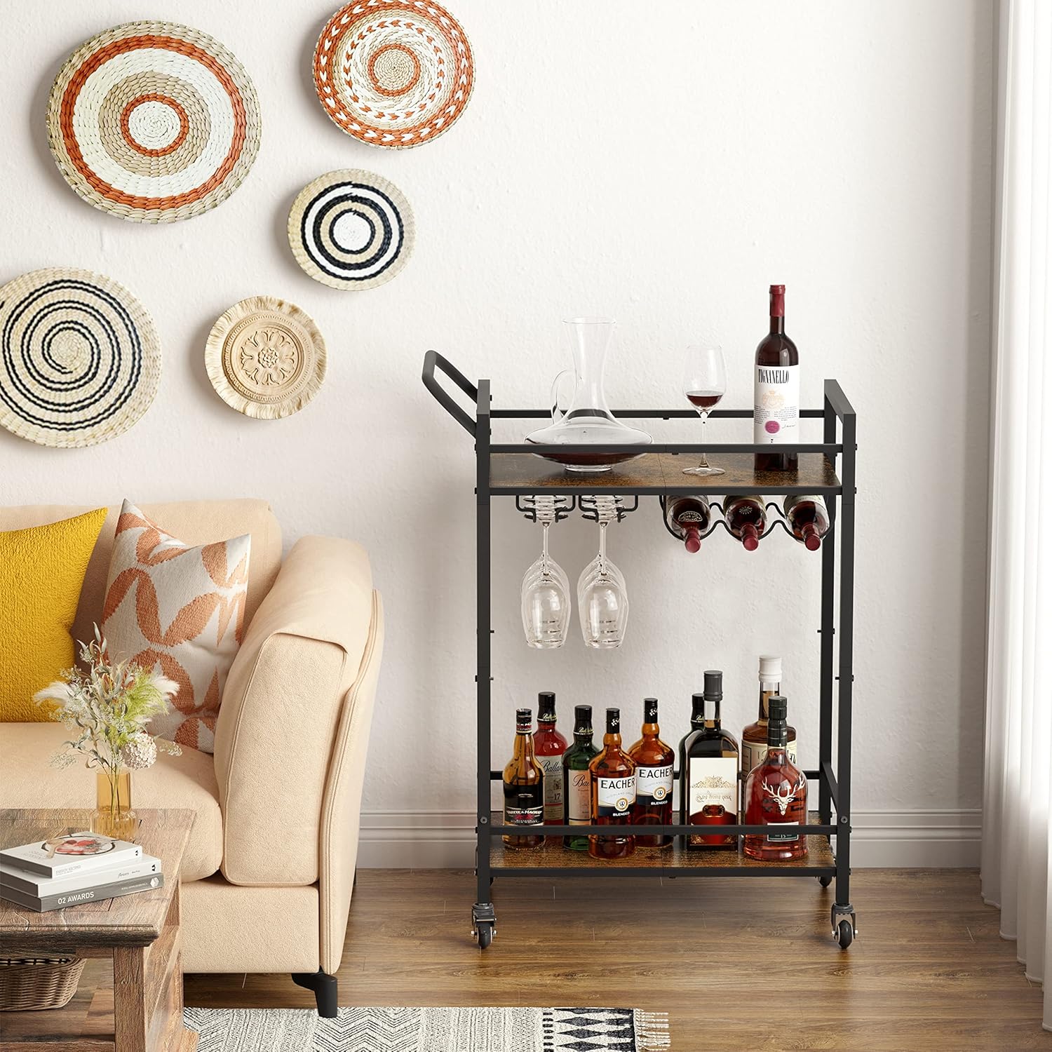 Tajsoon 2-Tier Bar Cart, Mobile Bar Serving Cart, Industrial Style Wine Cart for Kitchen, Beverage Cart with Wine Rack and Glass Holder, Rolling Drink Trolley for Living Room, Rustic Brown - Bar & Serving Carts