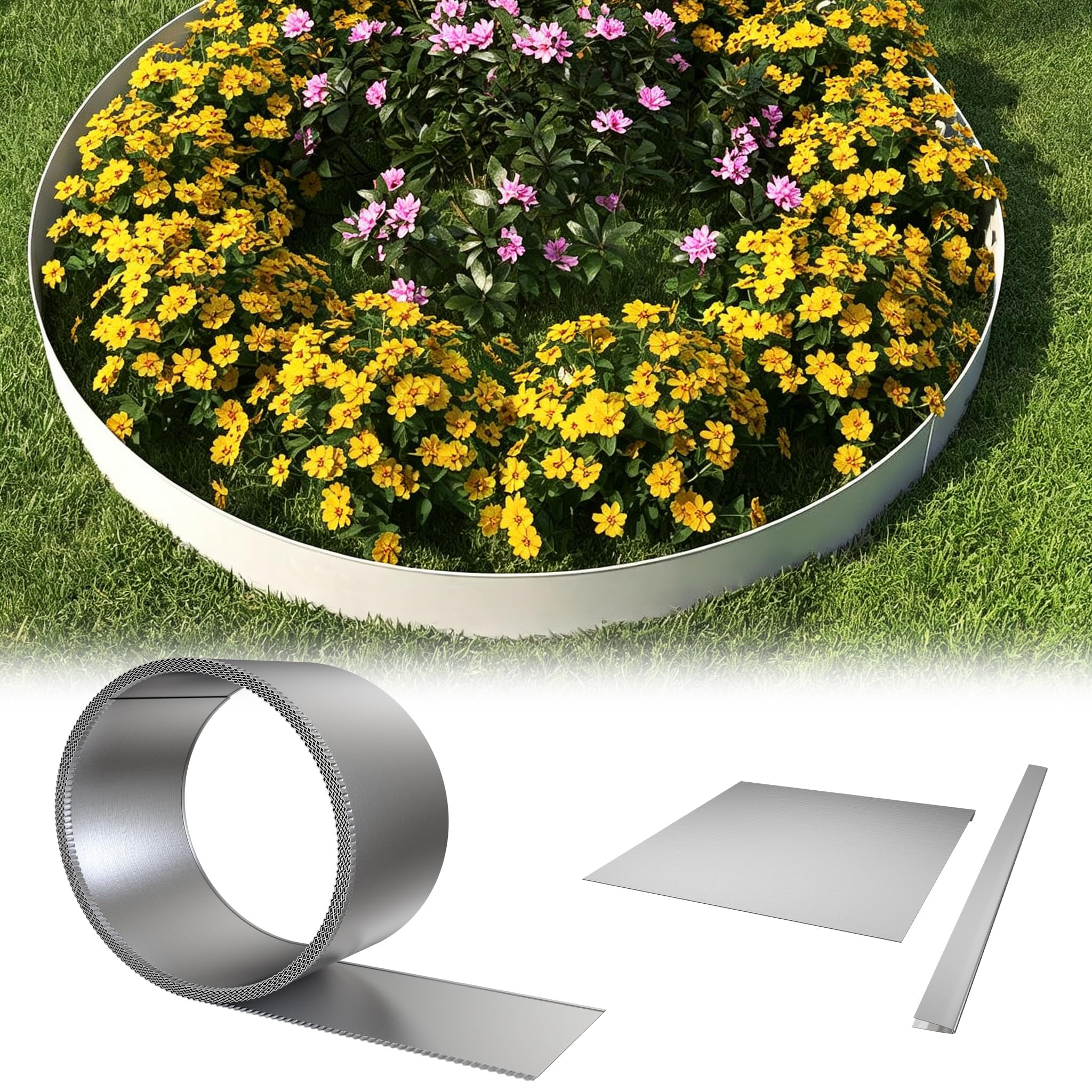 YZNAHRE 10 M x 15 CM Garden Edging Borders, Metal Lawn Edging, Weather Resistance Galvanised Lawn Sheets, Flexible Flower Bed Edging Kit for Yard, Flowerbeds, Grass, Silver — image 1