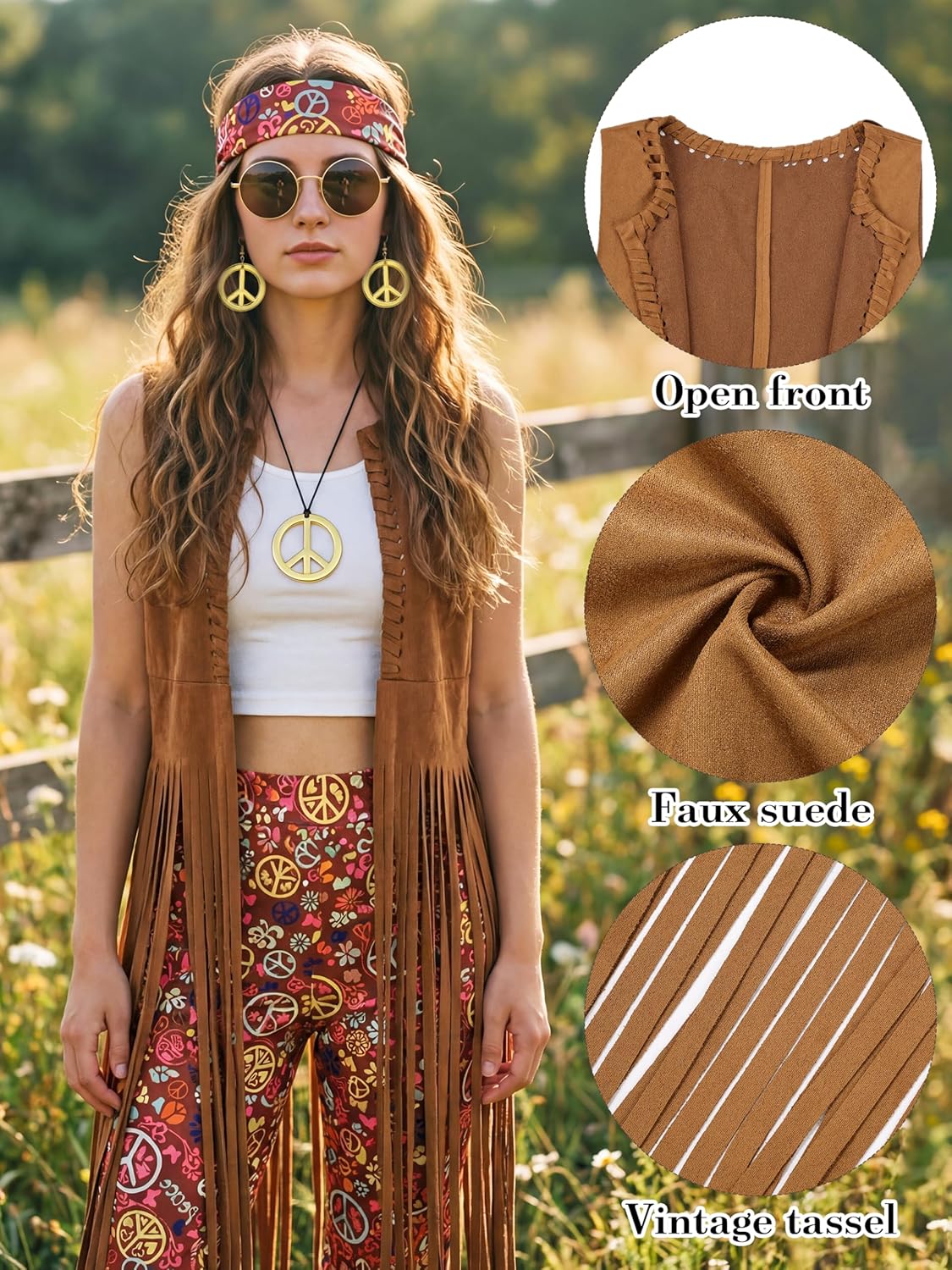 SOMSOC 7 Pieces 70s Women Hippie Costume Fringe Vest Bag Pant Headband for Halloween - Image 2