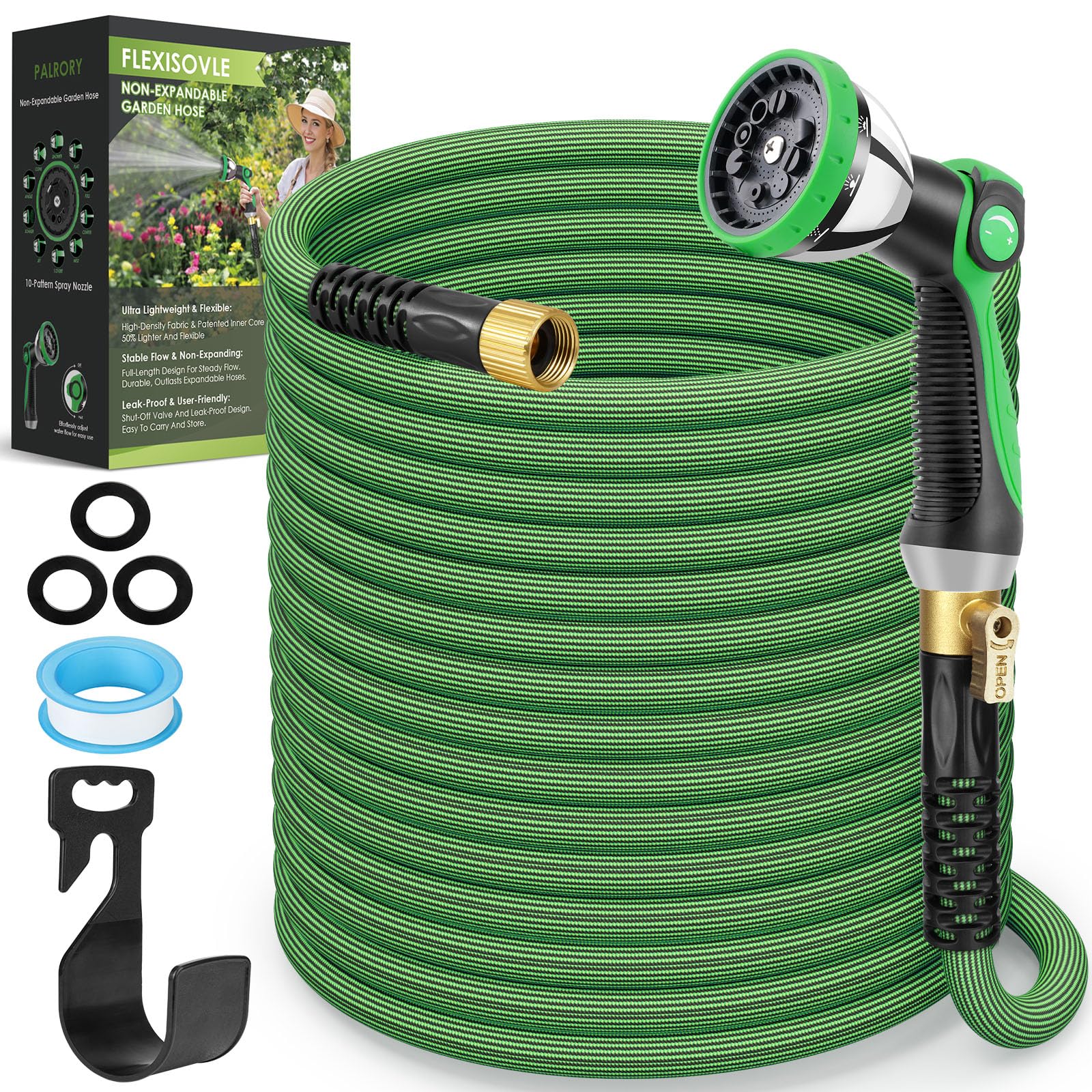 Non-Expandable Garden Hose 100 ft, Ultra Lightweight Flexible Water Hose with 10-Pattern Nozzle, Leak-Proof, High-Density Fabric, Thickened Connector, Shut-Off Valve for Yard, Lawn, Outdoor — view 9