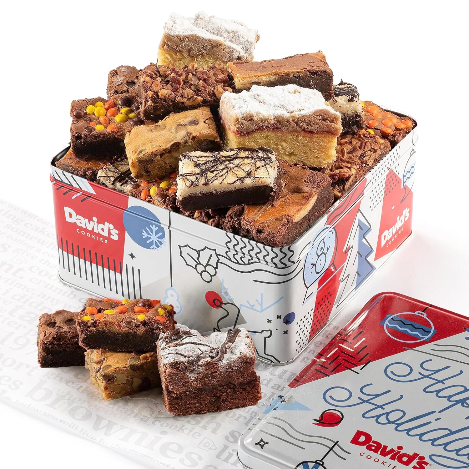 David’s Cookies Winter Wonderland Assorted Brownies & Crumb Cake Gift Basket Tin 16pcs – Delicious, Fresh Baked Snacks, Gourmet Chocolate Fudge Slices, Brownies Ideal for Holiday Corporate Birthday Fathers Mothers Day Get Well and Other Special Occasions
