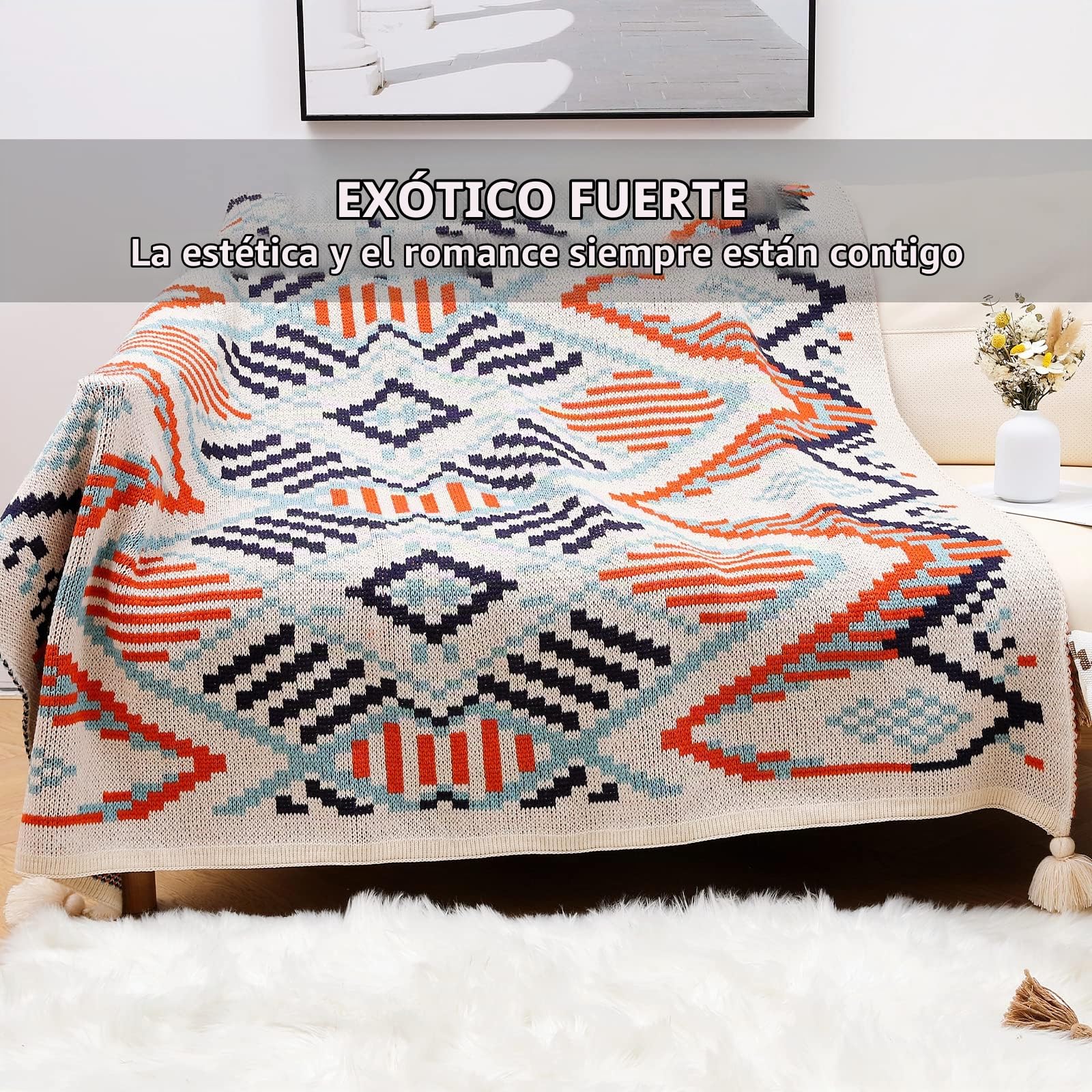 LumiSyne Manta De Punto con Borlas Vintage Estilo Etnico Bohemio Patrón Geométricos Cálido Suave Cubresofa para Sofá Cama Cubrecama Manta Chal 130x110cm