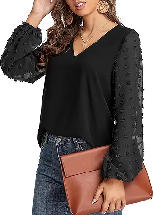 GOORY Swiss Dot Tops for Women Lantern Sleeve V Neck Chiffon Blouses Casual Work Shirts