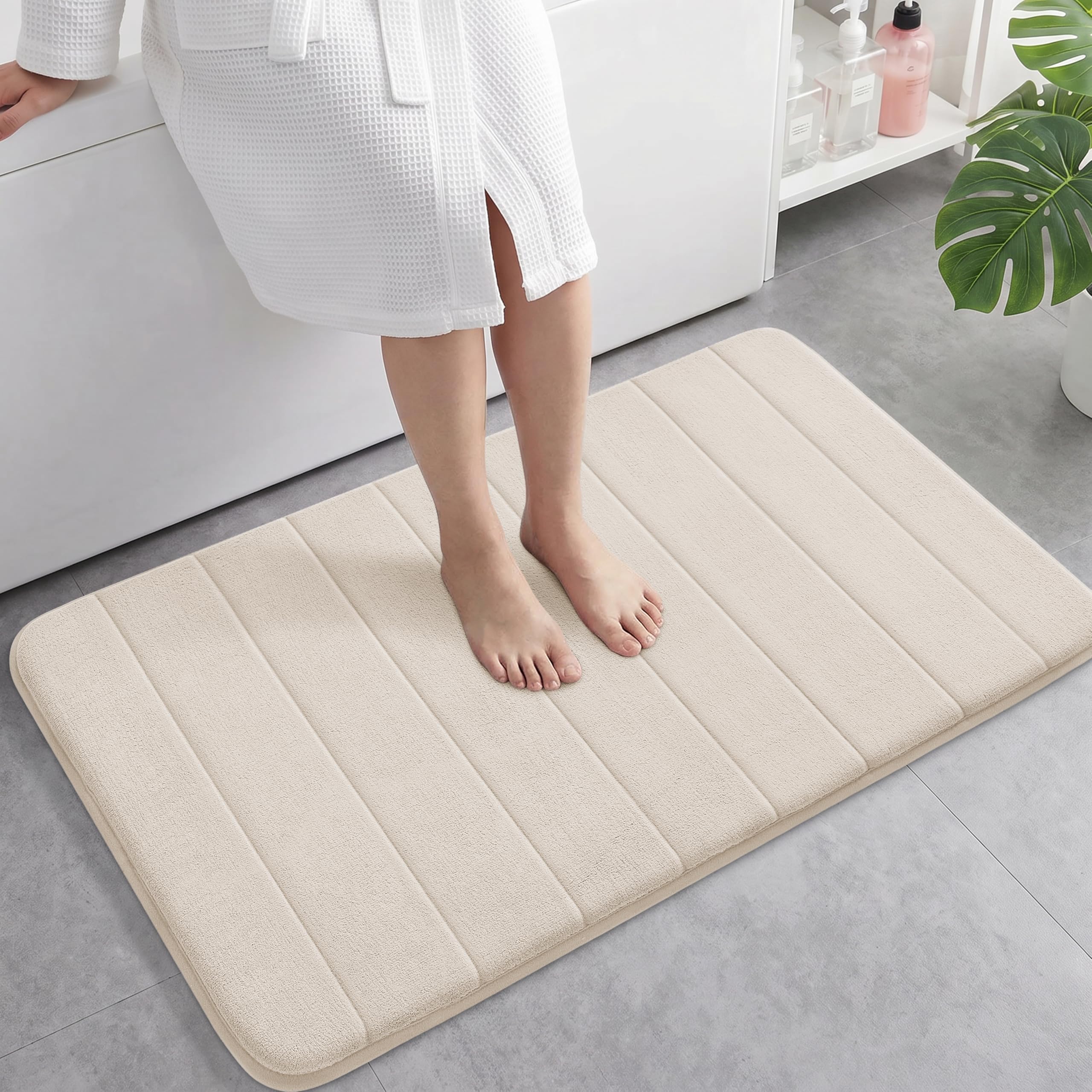 Yimobra Large Bath Mat 36"x24", Super Soft Quick Dry Memory Foam Bathroom Rug, Water Absorbent, Non Slip Backing Machine Washable for Tub Shower, Thick Comfort Support, Cream