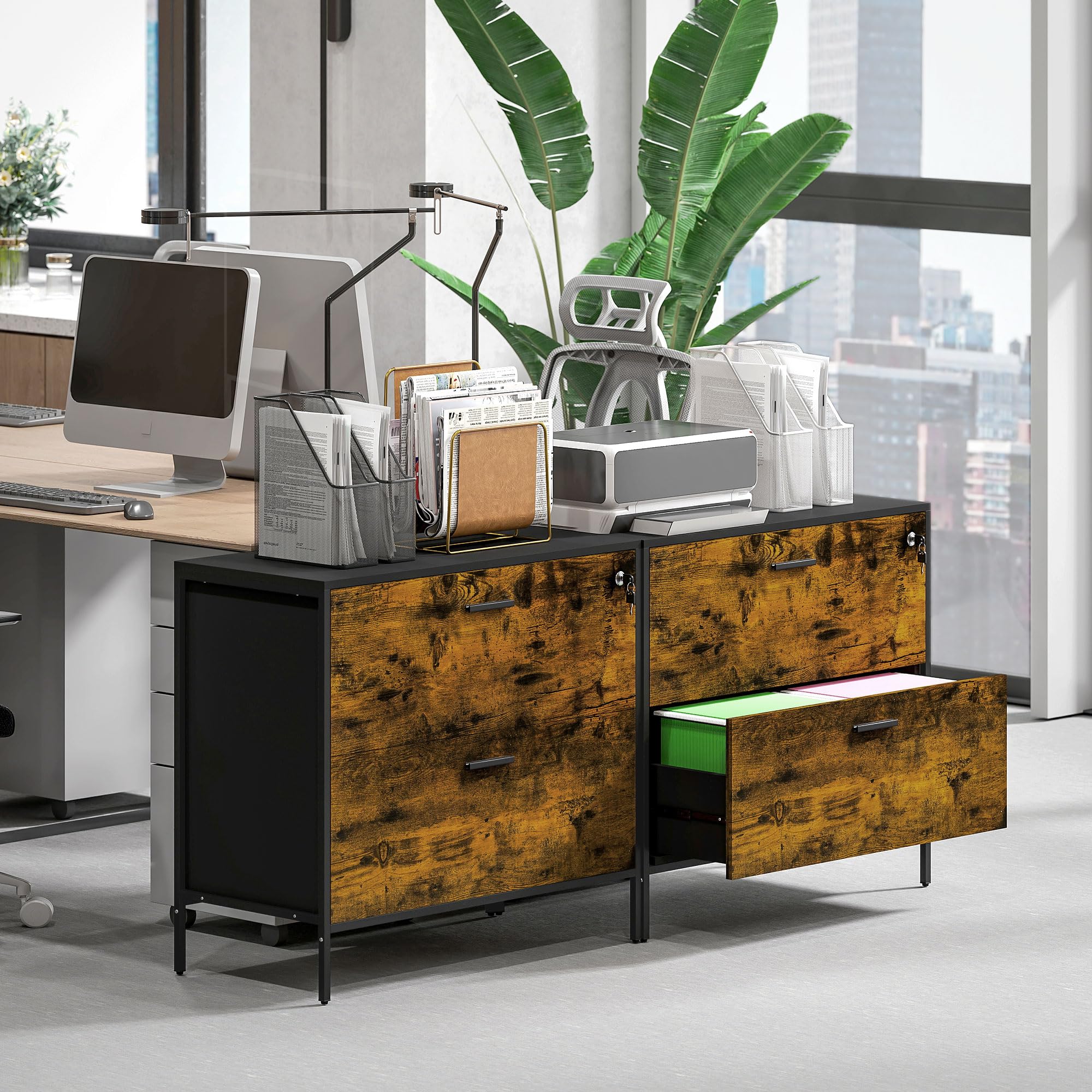 HOMCOM Cassettiera da ufficio industriale con 2 cassetti e serratura cassetto per raccoglitori con cartelle sospese, dimensioni A4, 80 x 39 x 73,5 cm, marrone