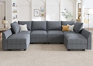 HONBAY Reversible Sectional Sofa with Chaise U-Shape Sofa with Modern Fabric Modular Sectional Set with Ottomans, Bluish Grey