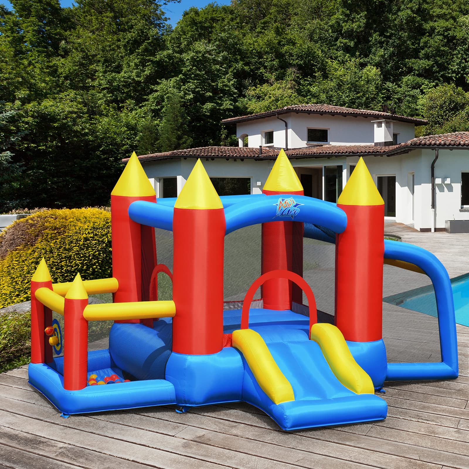 GOPLUS Castillo Hinchable con Soplador, Inchable Infantil Interior Exterior, Material Extra Rueso, Ninos Adecuado de 3 a 10 Años, con Toboganes, Zona de Salto de Pared de Escalada, 350 x 275 x 196cm