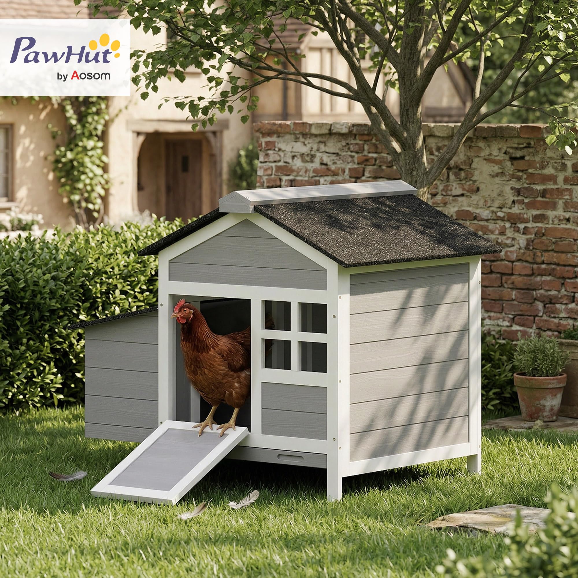 PawHut Wooden Chicken Coop Outdoor, Hen House Outdoor Backyard Poultry Cage with Nesting Box, Pull-Out Metal Tray, for 1-2 Chickens, 36" x 25" x 27" - 3