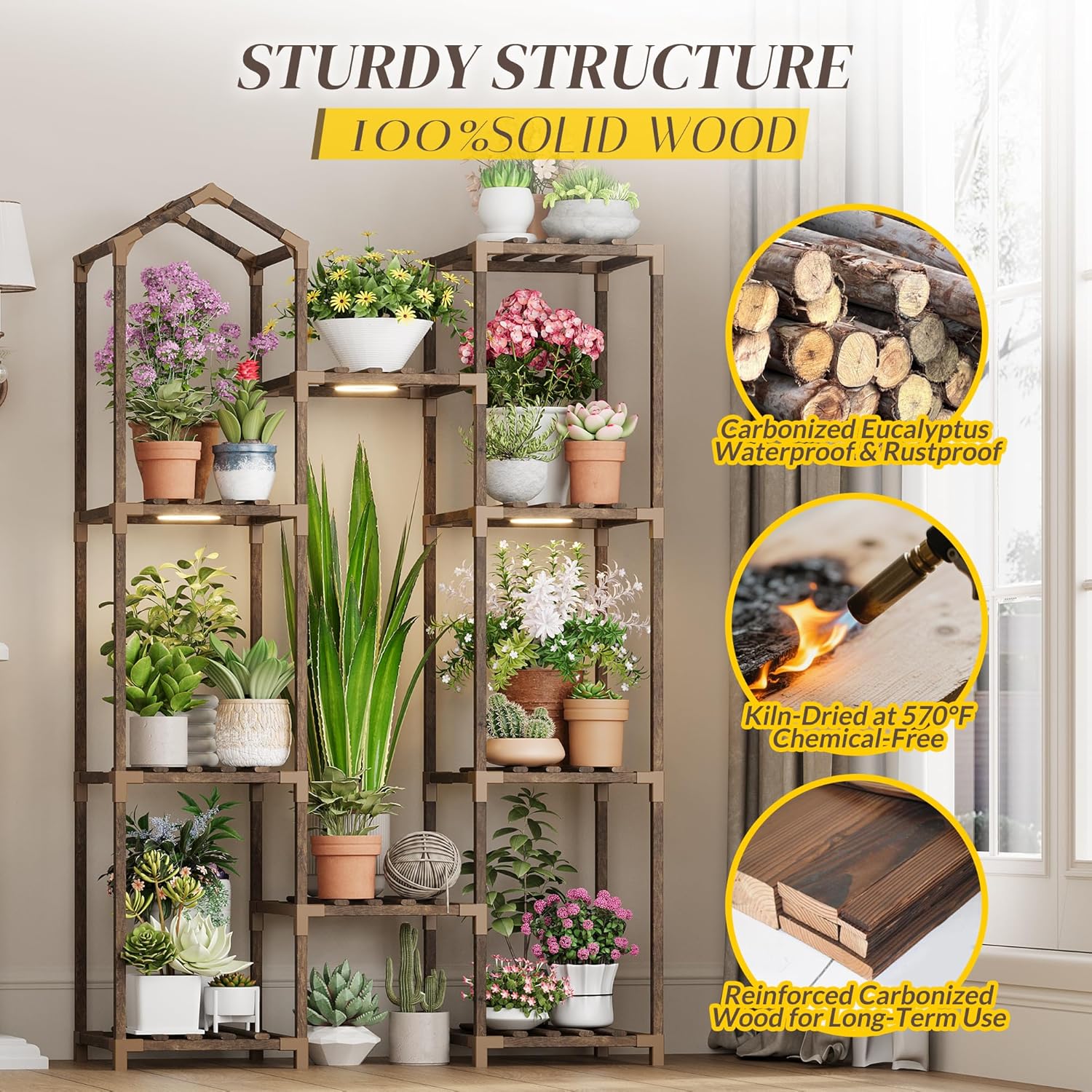 Indoor Plant Stand with Grow Light, Tall 4-Tier Wooden Ladder Plant Shelf for Multiple Plants, Large Corner Plant Rack Holder for Living Room Patio