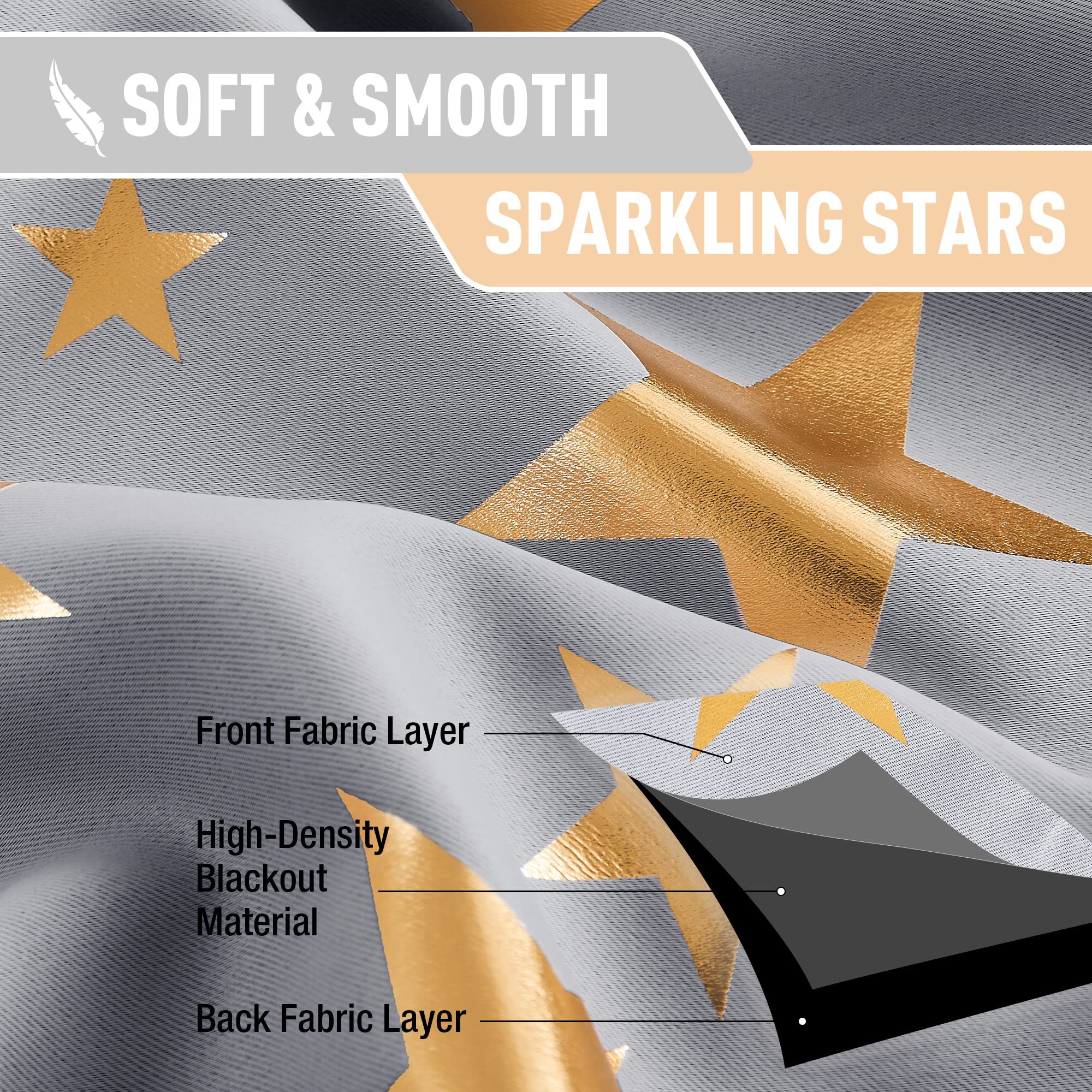 Treatmentex Grey Gold Blackout Curtains for Living Room 90 inch Drop Eyelet Curtains for Bedroom Star Geometric Foil Thermal Insulated Window Curtain Panels 2 Panels - Image 4