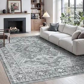 Rugland Tapete 4x6 – Tapete Tribal Persa Boho Lavável Resistente a Manchas, Antiderrapante para Sala de Estar (TPR07-cinza, 1,2 x 1,8 m)