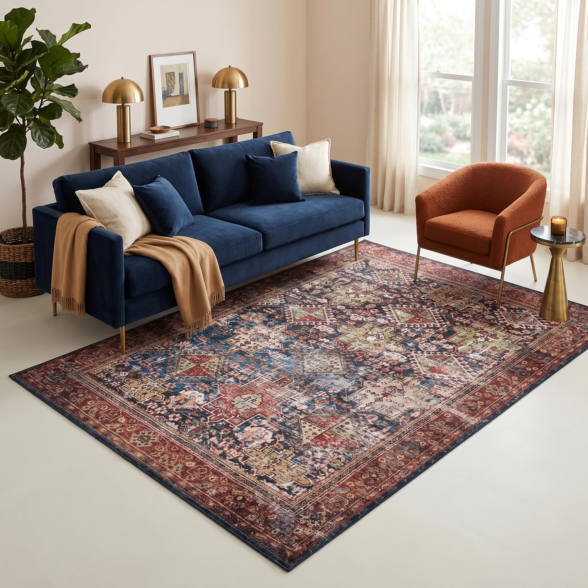 TAPISO Ispahan Tapis Oriental Classique Persan Vintage Motif Médaillon - Tapis Imprimé avec Antidérapant Bleu Foncé Rouge Rouille Salon Chambre Oeko-Tex 200 x 300 cm