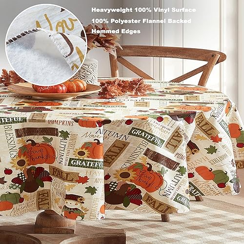 Miniatura 5 de Newbridge Fall Hayride and Happy Scarecrow - Mantel de vinilo con parte trasera de franela de Acción de Gracias, pavo guingán y calabaza, mantel de