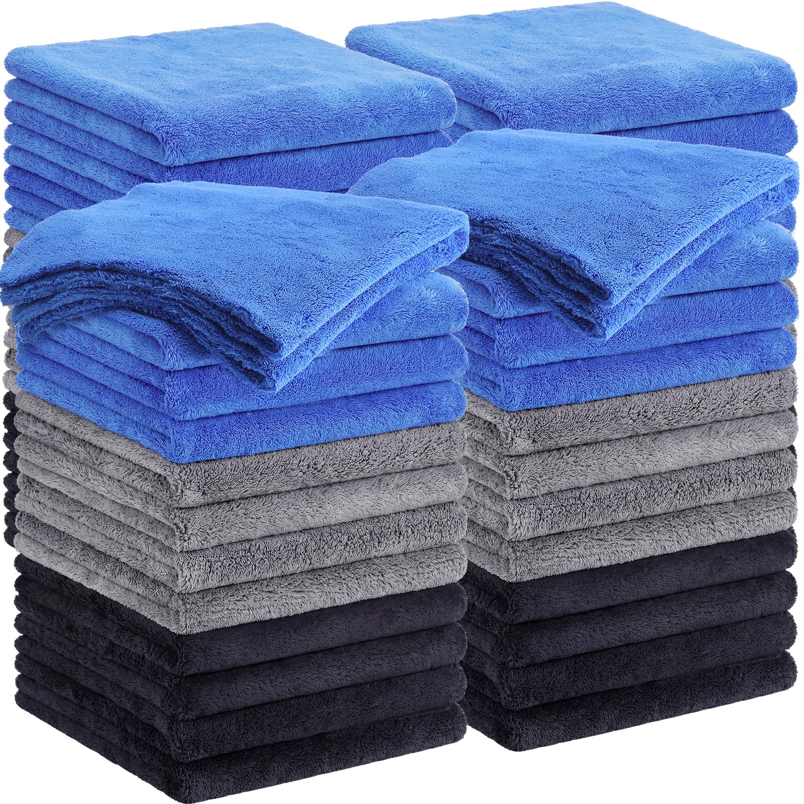 Shimeyao 20 Stück 40,6 x 40,6 cm randlose Mikrofaser-Plüsch-Handtücher für Autos, Details, Trocknen, Waschen, Polieren, saugfähige Reinigungstücher, 500 g/m² (Blau, Schwarz, Grau)