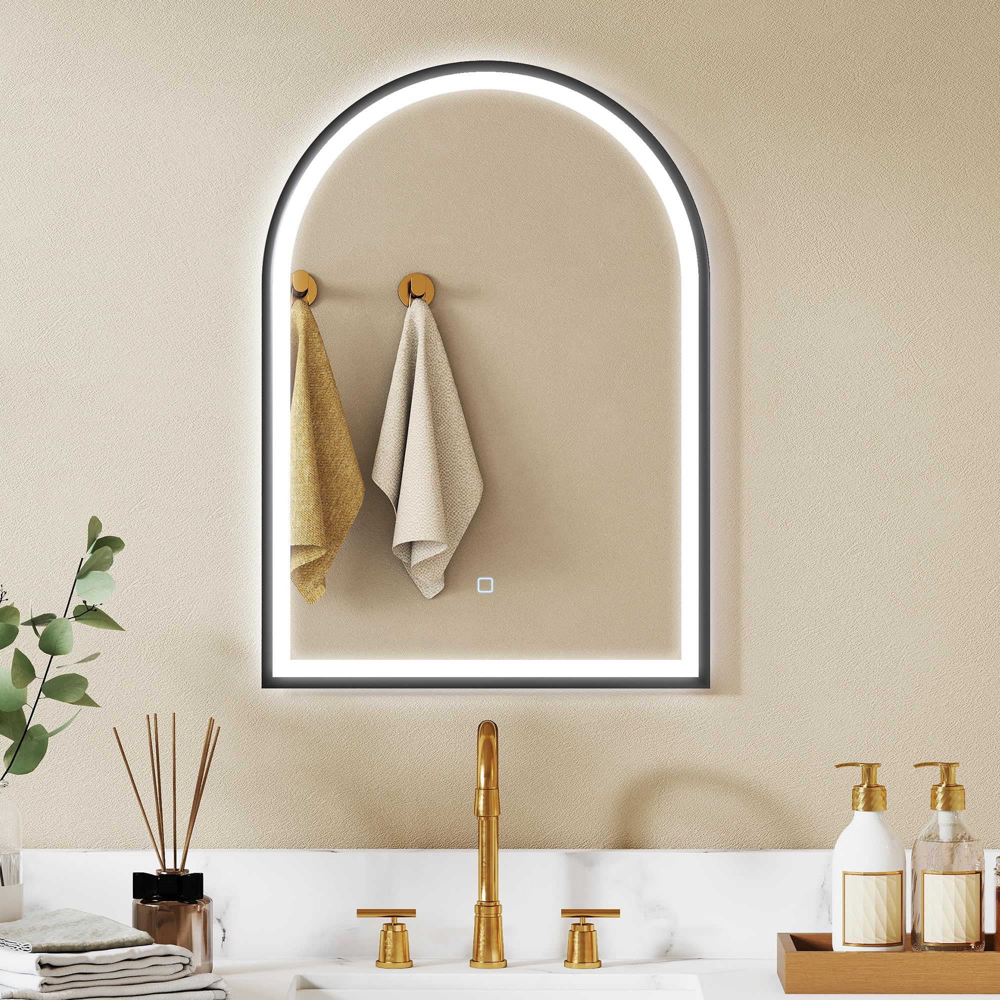 HOMCOM Lustro łazienkowe LED 50x70cm Przeciwmgielne IP44 Czarny | LED lustro ścienne, 3 kolory światła, ściemniacz, pamięć, podświetlane z tyłu i z przodu, hartowane szkło, dotyk
